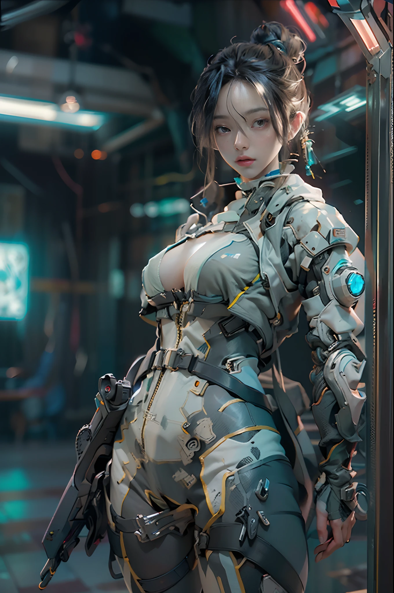((Best quality)), ((masterpiece)), (detailed:1.4), 3D, an image of a beautiful cyberpunk female,HDR (High Dynamic Range),Ray Tracing,NVIDIA RTX,Super-Resolution,Unreal 5,Subsurface scattering,PBR Texturing,Post-processing,Anisotropic Filtering,Depth-of-field,Maximum clarity and sharpness,Multi-layered textures,Albedo and Specular maps,Surface shading,Accurate simulation of light-material interaction,Perfect proportions,Octane Render,Two-tone lighting,Wide aperture,Low ISO,White balance,Rule of thirds,8K RAW,