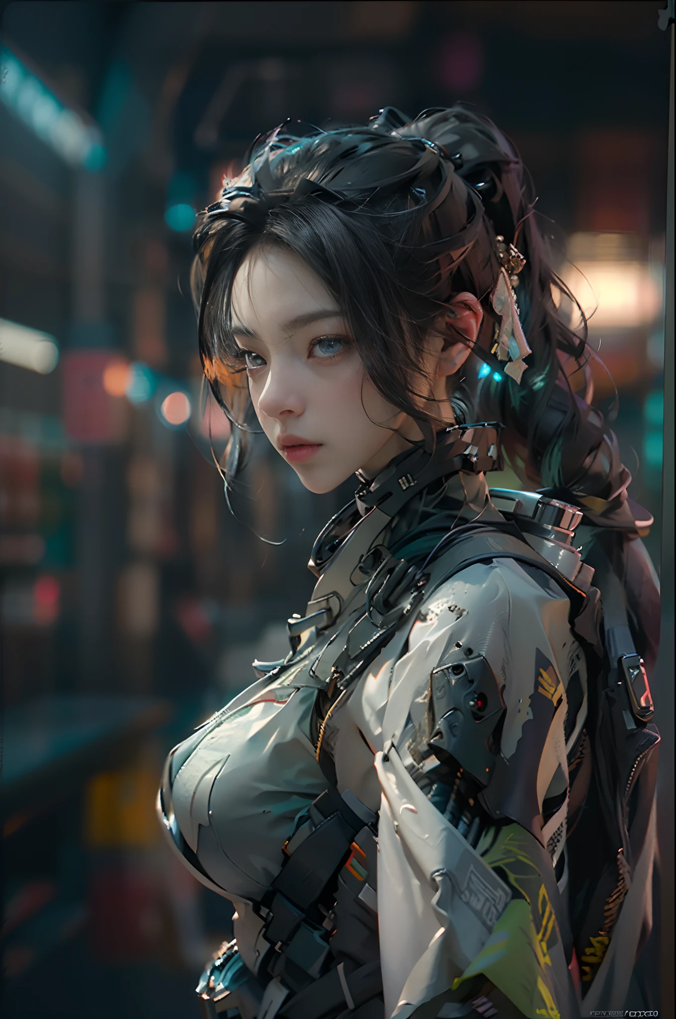 tattoo on the face,Cyberpunk headdress,Cyberpunk shoulder armor,Thick clothes,Matte clothes,insanely details,Simplified background,one-girl,White cheongsam,Loose,sculpted,Hanfu,Cyberpunk Chinatown,Hanfu,white clothes,Chinese streets,cyber punk style,up-close,Wide shot, From above, Wide-angle, Ultra-wide angle, Bokeh, Sony FE GM