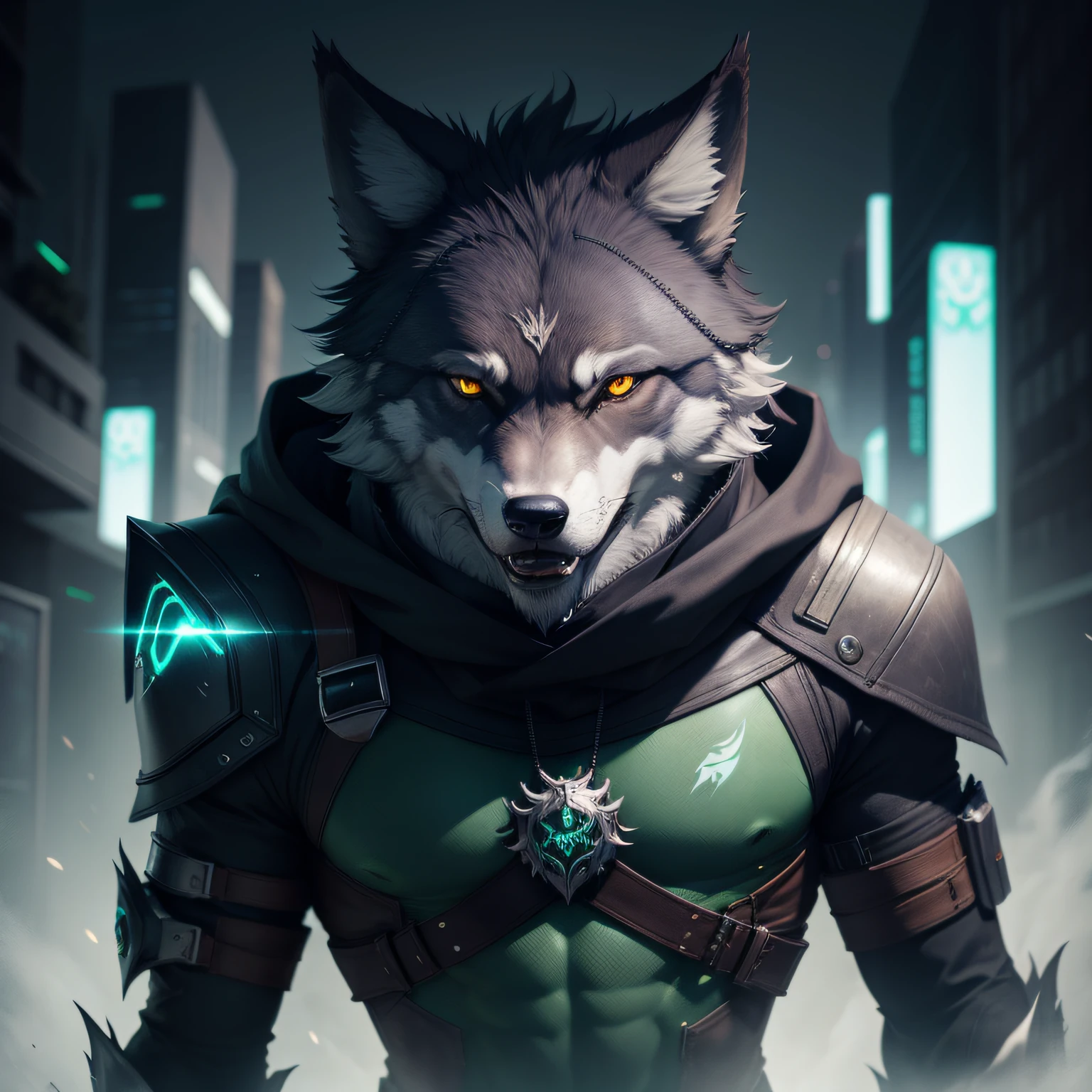there is a drawing of a wolf with glowing eyes and a green glow, a picture by Daarken, deviantart contest winner, furry art, fenrir, fantasy wolf portrait, black wolf, blue wolf, wolf, great wolf, grim - wolf, alpha wolf head, furry wolf, anthropomorphic wolf, an anthropomorphic wolf, anthro wolf face cyberpunk