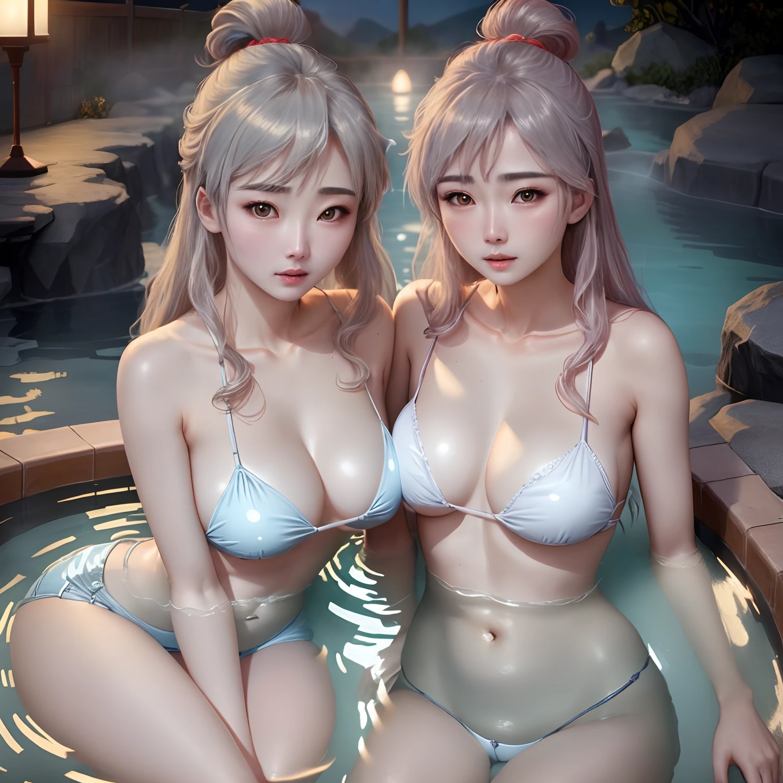 Two goddesses ，((Beautiful and delicate collarbone))、((Beautiful and detailed nudity))、((Detailed pubic hair))，huge tit，Take a dip in the hot springs，The chest is close to the audience, and the expression is enchanting，A small amount of foam covers the chest。