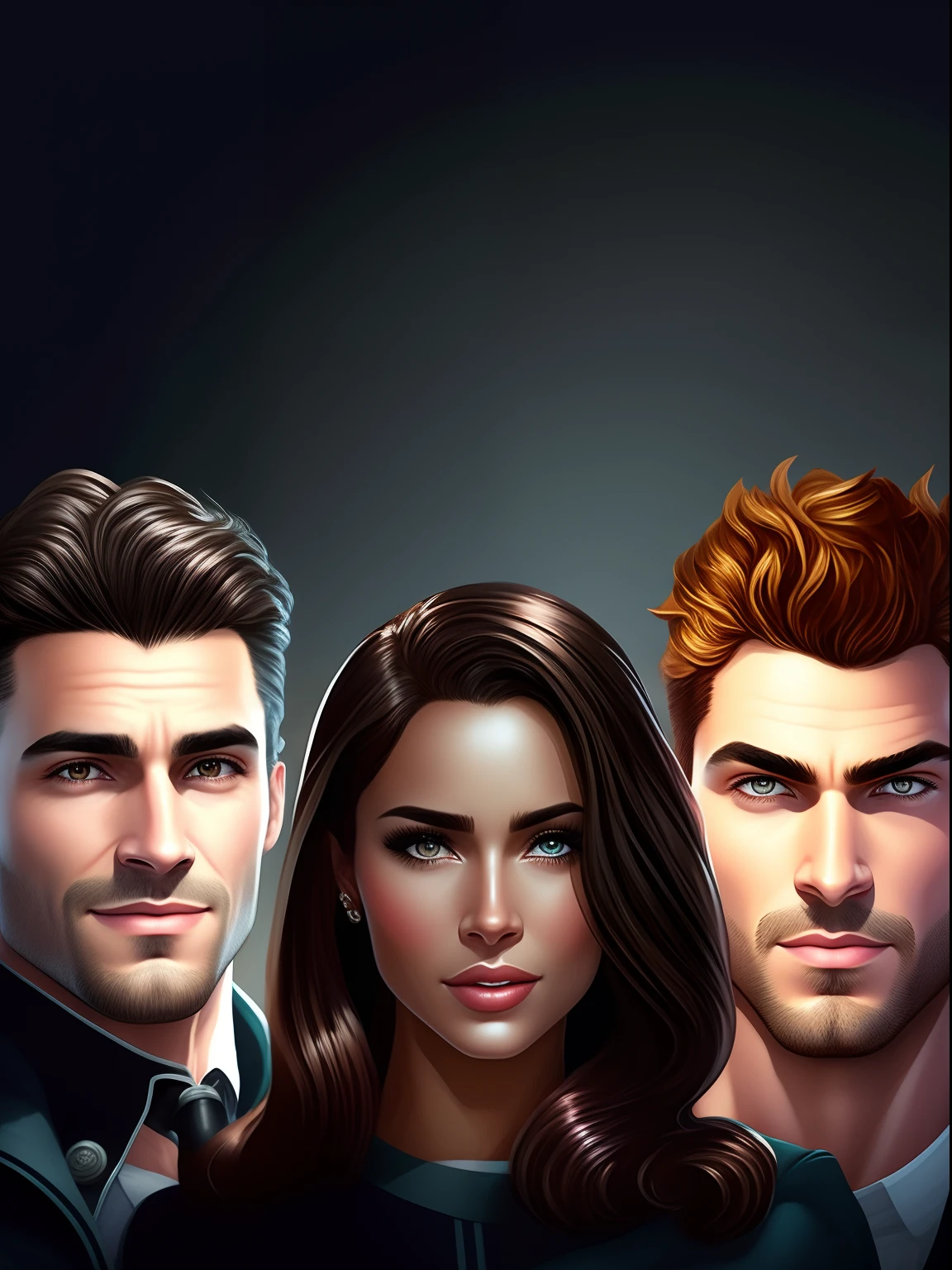 um close up de  uma mulher e dois homens, rostos realistas detalhados, rostos perfeitos altamente detalhados, Trindade, PESSOAS ALTAMENTE DETALHADOS, rostos altamente detalhados, rostos detalhados e realistas, Directed by: Ignacio Zuloaga, dramatic style, captura de tela de alta qualidade, medium close - up ( Mcu ), 3 heads, closeup faces, capa de livro, perfect resemblance