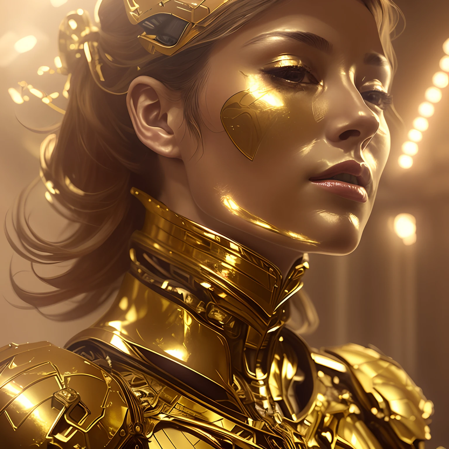 Close-up of a woman in a gold armor suit, Metallic shiny leather. Intricate, cgsociety uhd 4k highly detailed, gold heavy armor. dramatic, Golden Science - Phi Armor, portrait of a cyborg queen, Tomaš Alen Koper and CGsociety, karol bak uhd, amazing cgi, CGColite 8 K, CGColite 8K