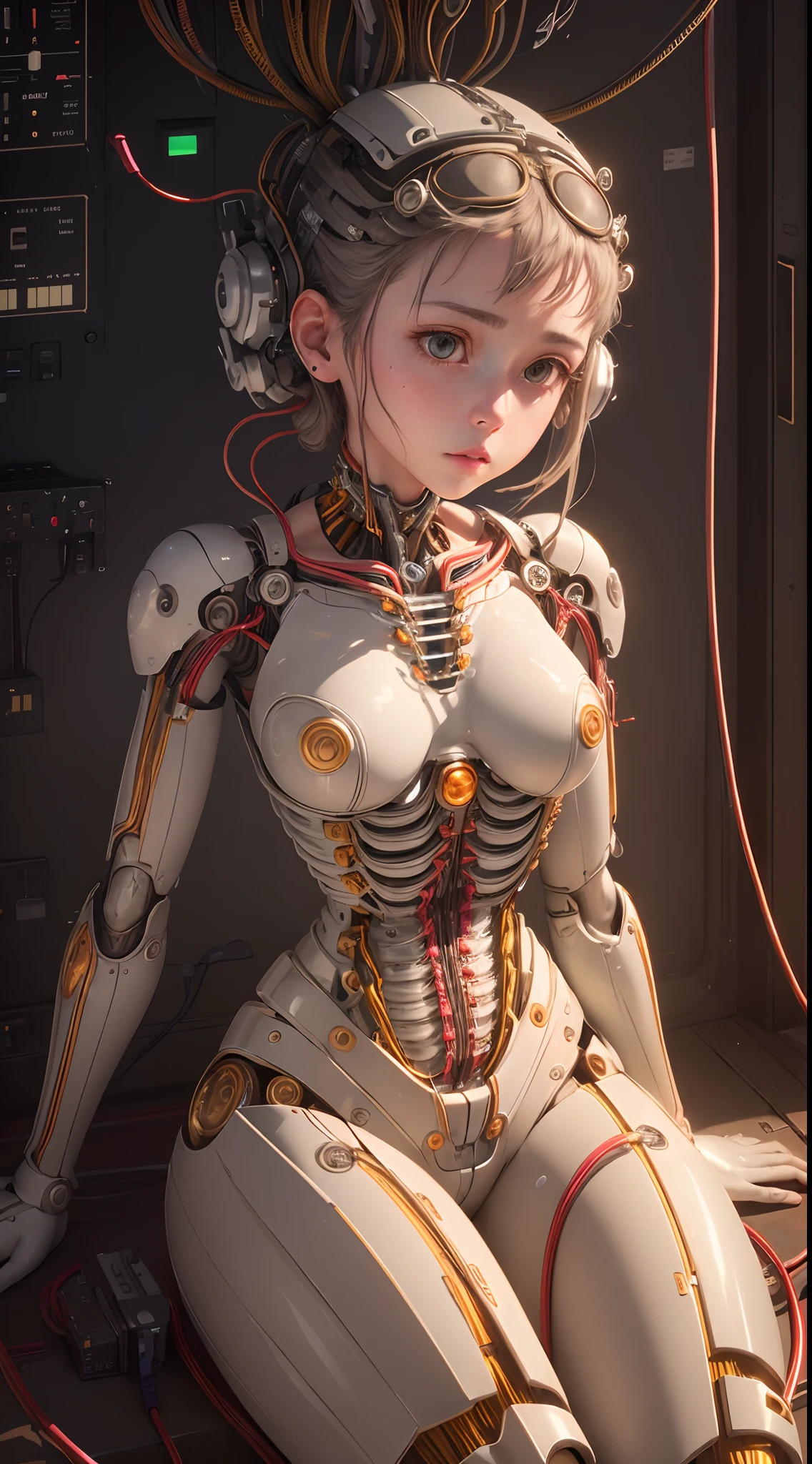 (((masterpiece))), (((Highest quality))), ((Super detailed)), (Highly detailed CG illustrations), ((Very delicate and beautiful)),(Cute and delicate face),Cinematic Light,((1. Machine Girl)),alone,whole body,(Machine made joints:1.4),((Mechanical limbs)),(Explosive Muscles),(Blood vessels connected to tubes),(Brain in a container:1.3),((Mechanical vertebrae attached to the back)),((Cervical vertebrae mechanically attached to the neck)),((Sitting)),Expressionless,(Wires and cables connecting the head and body:1.5),Small breasts,short hair,(Character Focus),sf,(Nsfw),(Nipples)