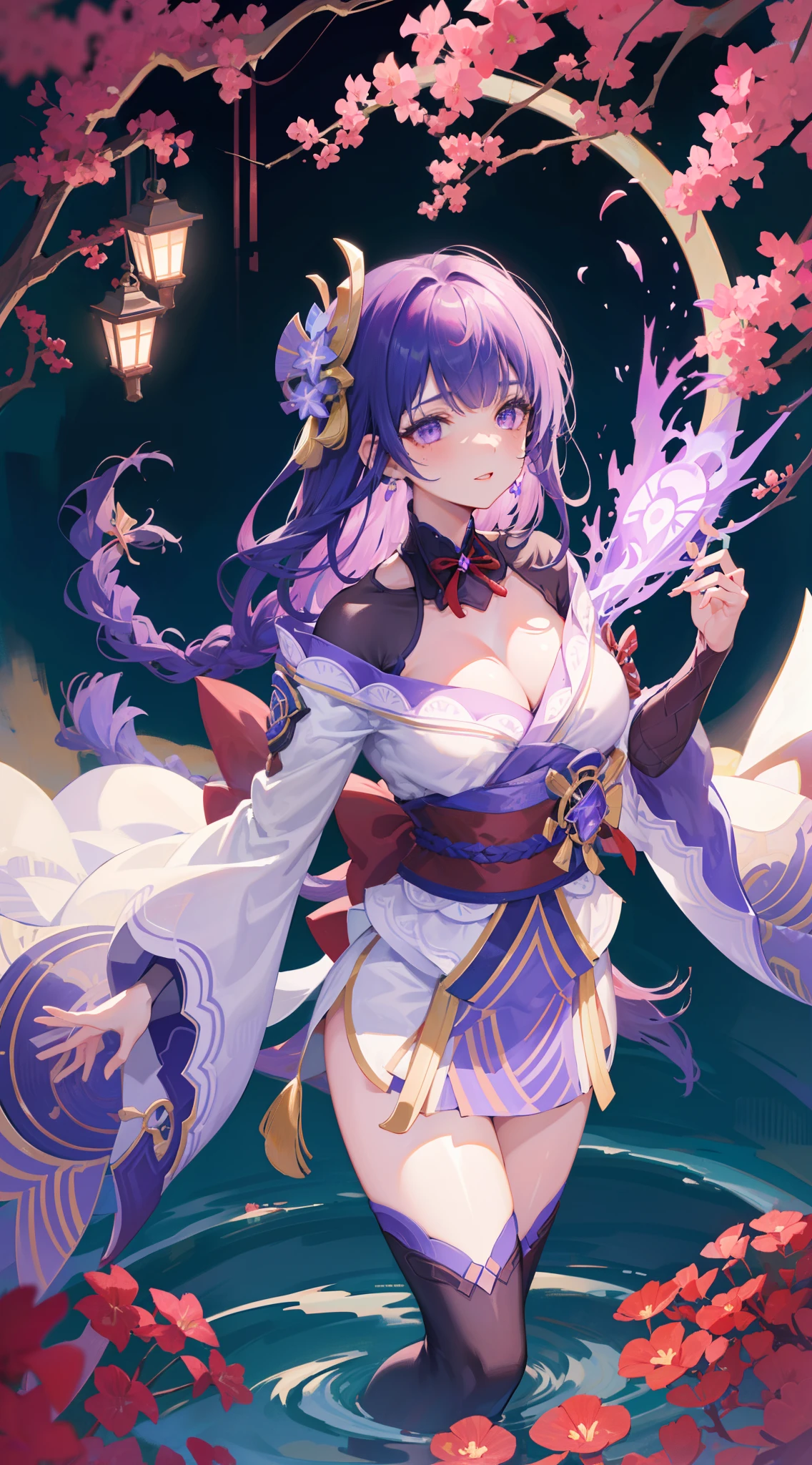 happy, bared legs, Japanese temple, (Highest Quality,masterpiece,8k wallpaper:1.2),((Pale skin)),1girll,Solo Woman,((Genshin_impact,Raiden general)),thunder light particles,Purple thunderbolt,Bright background,the cherry trees,purple color-theme,Delicate facial features,Sexy beautiful anime girl,Raiden general,Long purple hair,rosy lips,Anime mouth,Keep one's mouth shut,A sexy mature woman,(Severely melancholy face),Detailed eyes,busty figure,