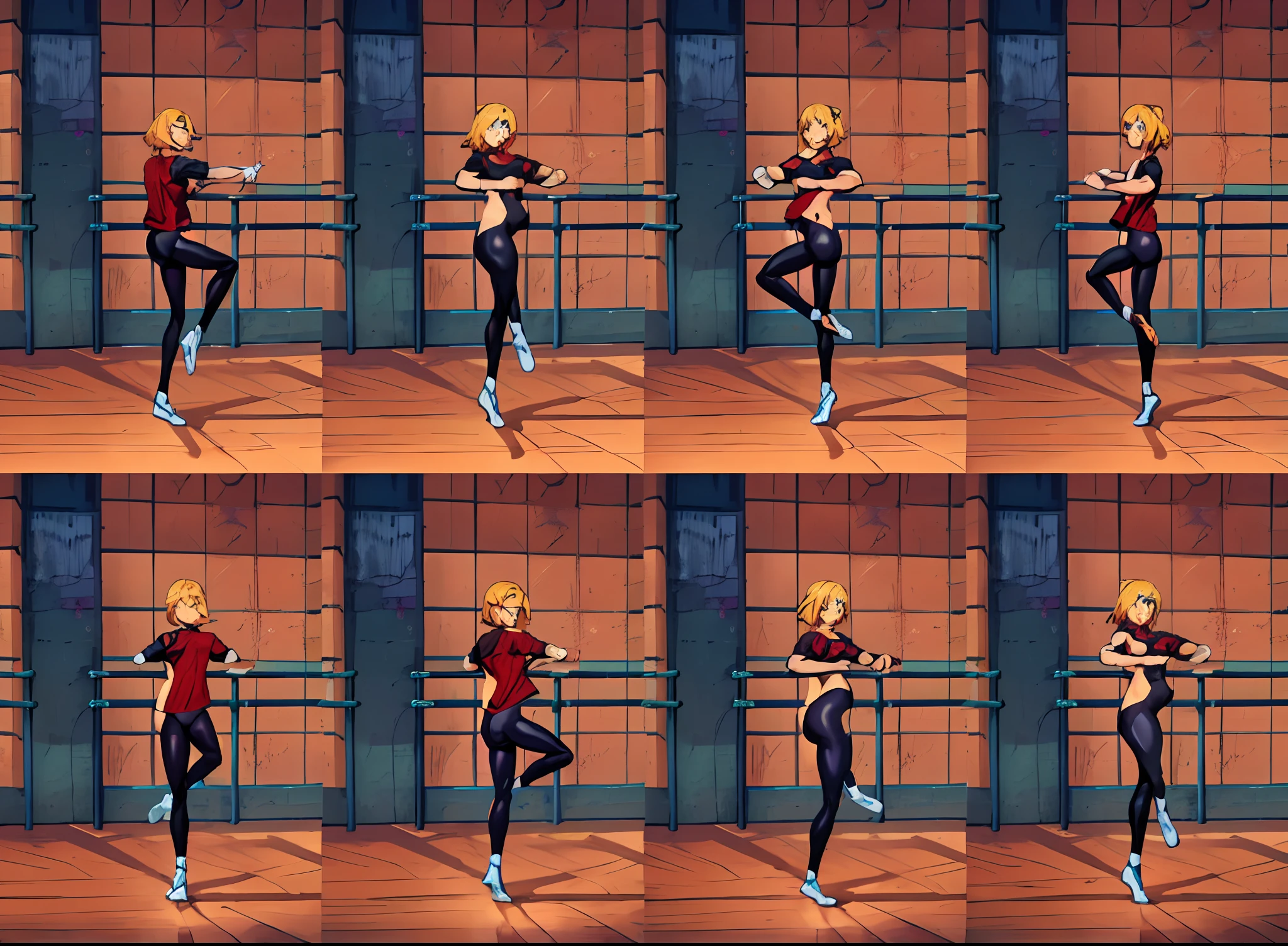 unparalleled masterpiece, ultra realistic 8k CG, perfect artwork, (1girl:1.1) , solo, ((perfect female figure)), (nsfw), looking at viewer, mature female, (teasing), best quality:1.1 , seductive posture, sexy pose, alluring, (beautiful), (curvy), (thick), blonde hair, (blue eyes:1.2), short hair, earrings, jewelry, denim vest, open vest, black pantyhose, black shirt, denim shorts, striped long sleeves, toned legs, fit, (abs:1.1), (big butt:1.4), peach ass, (athletic body:1.2), (small breasts:1.3, (medium_breasts:1.1), wide_hips:1.5, narrow waist, small waist:1.5, slender body:1.2, thick thighs:1.3), (shiny skin:1.2), (hdr), (street:1.2), Nikon D850 film stock photograph Kodak Portra 400 camera f1.6 lens, rich colors, lifelike texture, dramatic lighting, unreal engine, trending on ArtStation, by Gerald Brom, by Frank Frazetta, by Luis Royo, by Julie Bell, by Boris Vallejo, working out, black underwear, sexy, erotic, big butt lady, arafed image of a woman doing a dance pose in a room, the anime girl is running, various bending poses, running sequence, anime pose, fullbody dynamic poses, anime keyframe, full body!! dynamic pose, tsubasa nakai's style, various action poses, style of madhouse anime, style of madhouse studio anime, jump pose, dynamic poses