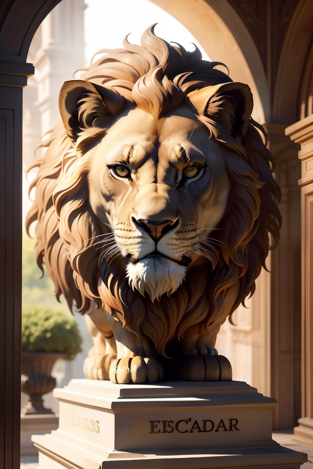 Por favor, Create a description to create a lion statue, focando principalmente no busto do animal. Make sure the lion is facing your side, capturing every detail of his majestic mane and powerful expression. The background should be filled with a solid color, sem nenhum detalhe ou imagem adicional, to highlight the lion sculpture