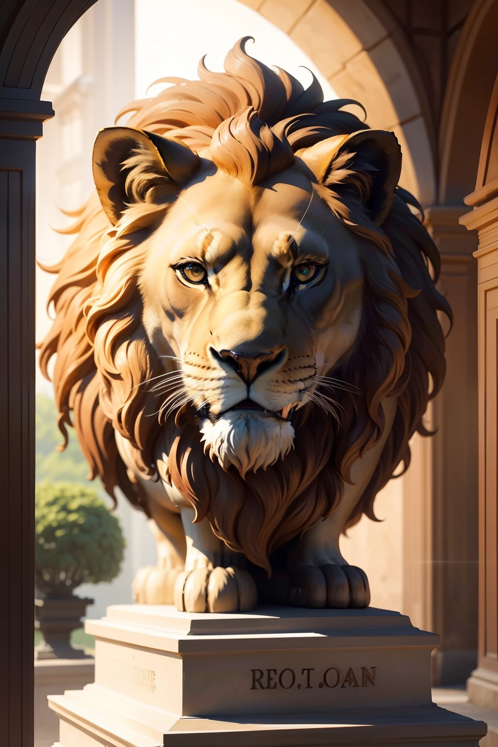Please create a description for creating a lion statue, focusing mainly on the animal's bust. Make sure the lion is facing on its side, capturing every detail of its majestic mane and powerful expression.