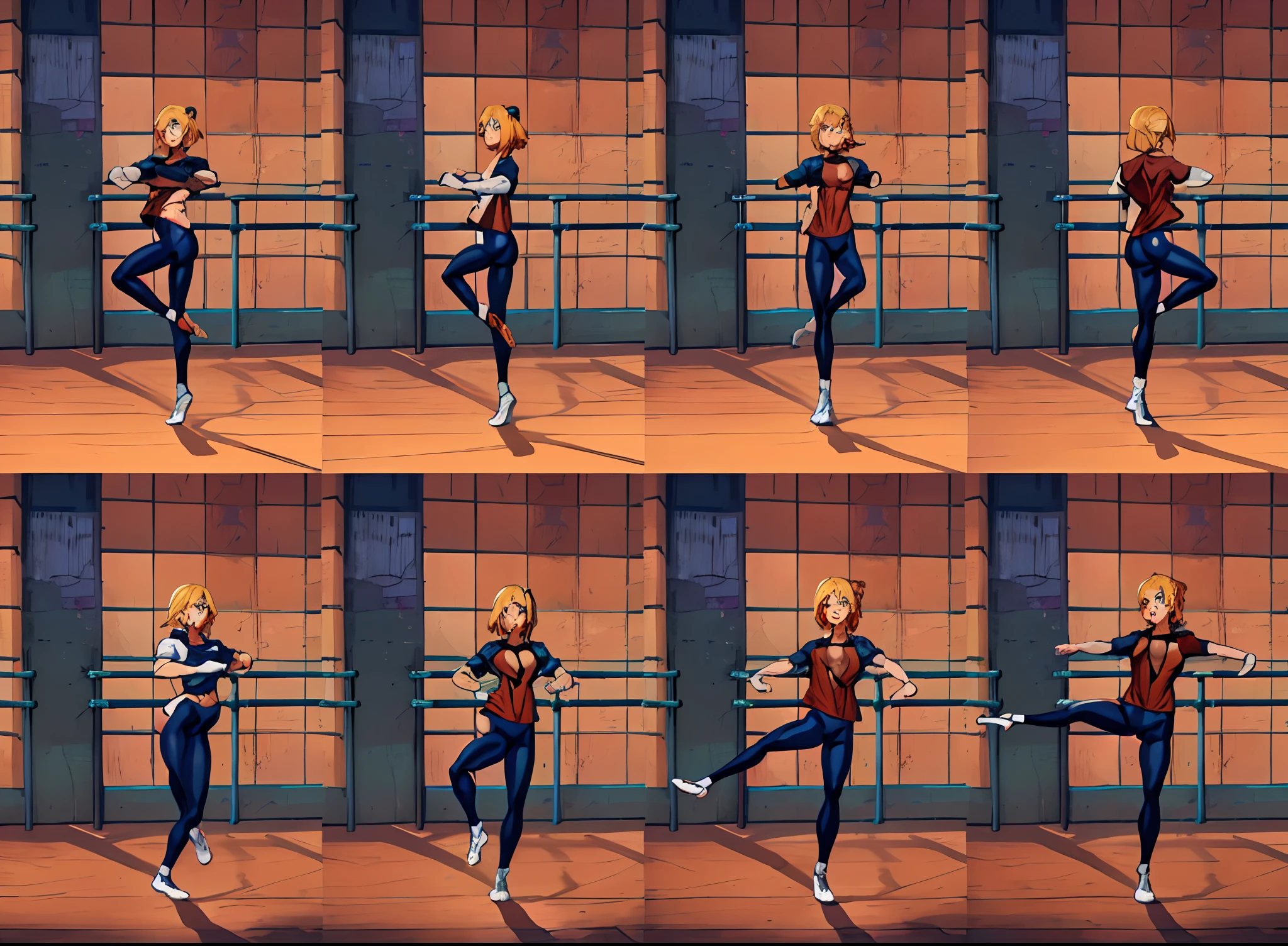 unparalleled masterpiece, ultra realistic 8k CG, perfect artwork, (1girl:1.1) , solo, ((perfect female figure)), (nsfw), looking at viewer, mature female, (teasing), best quality:1.1 , seductive posture, sexy pose, alluring, (beautiful), (curvy), (thick), blonde hair, (blue eyes:1.2), short hair, earrings, jewelry, denim vest, open vest, black pantyhose, black shirt, denim shorts, striped long sleeves, toned legs, fit, (abs:1.1), (big butt:1.4), peach ass, (athletic body:1.2), (small breasts:1.3, (medium_breasts:1.1), wide_hips:1.5, narrow waist, small waist:1.5, slender body:1.2, thick thighs:1.3), (shiny skin:1.2), (hdr), (street:1.2), Nikon D850 film stock photograph Kodak Portra 400 camera f1.6 lens, rich colors, lifelike texture, dramatic lighting, unreal engine, trending on ArtStation, by Gerald Brom, by Frank Frazetta, by Luis Royo, by Julie Bell, by Boris Vallejo, working out, black underwear, sexy, erotic, big butt lady, arafed image of a woman doing a dance pose in a room, the anime girl is running, various bending poses, running sequence, anime pose, fullbody dynamic poses, anime keyframe, full body!! dynamic pose, tsubasa nakai's style, various action poses, style of madhouse anime, style of madhouse studio anime, jump pose, dynamic poses