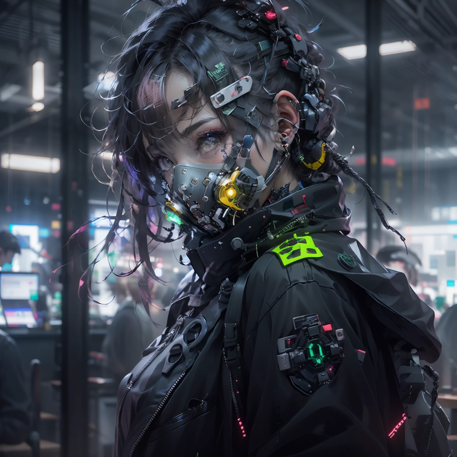 1girl, wear a cyberpunk mask, Black mask, Detail mask, retrato do rosto, tiro de close up | |, office, Cyberpunk Office