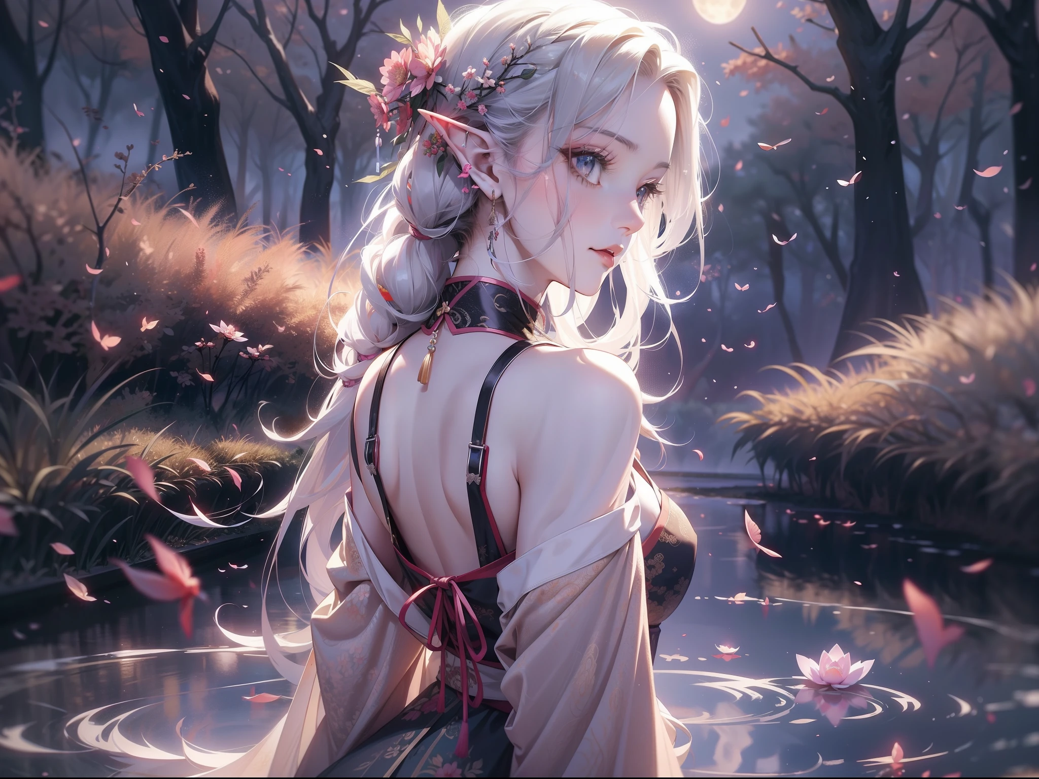 Solo, Beautiful female, The world of martial arts, ancient Chinese costume, Ancient customs, wind blown, Blossom, pond, Night, Moon in the pond, Pink hair, White hair,, Long hair, Lonely, Gradient hair, Black hair, Silver hair, Long hair, Ray tracing, reflective light, Depth of field, From behind, multiple views, in a panoramic view, Masterpiece, Best quality, High details, High quality, ccurate, Textured skin, Seductive elf princess