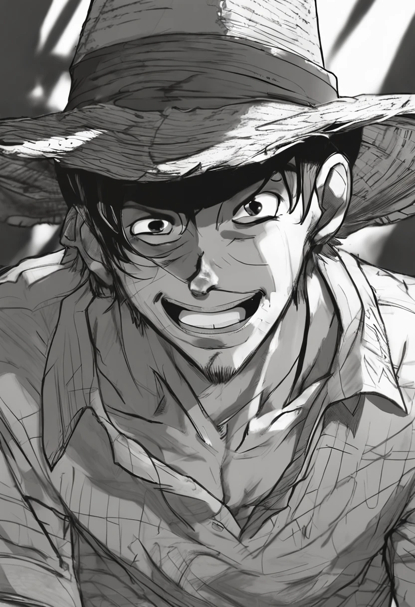 1boy, wanostyle, monkey d luffy, smiling, straw hat, looking at viewer, solo, upper body, ((masterpiece)), (best quality), (extremely detailed), depth of field, sketch, dark intensive shadows, sharp focus