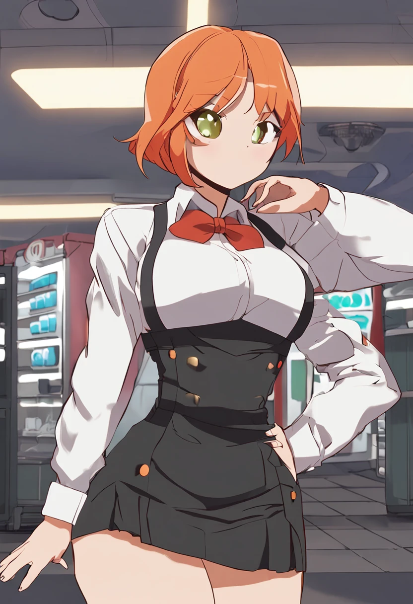 ai_generated curvy_body curvy_female curvy_figure The average cup size female_only huge_breasts looking_at_viewer +maid solo_female solo_focus stable_diffusion waitress orange_hair green_eyes lifts the skirt showing black panties legs in pantyhose --auto