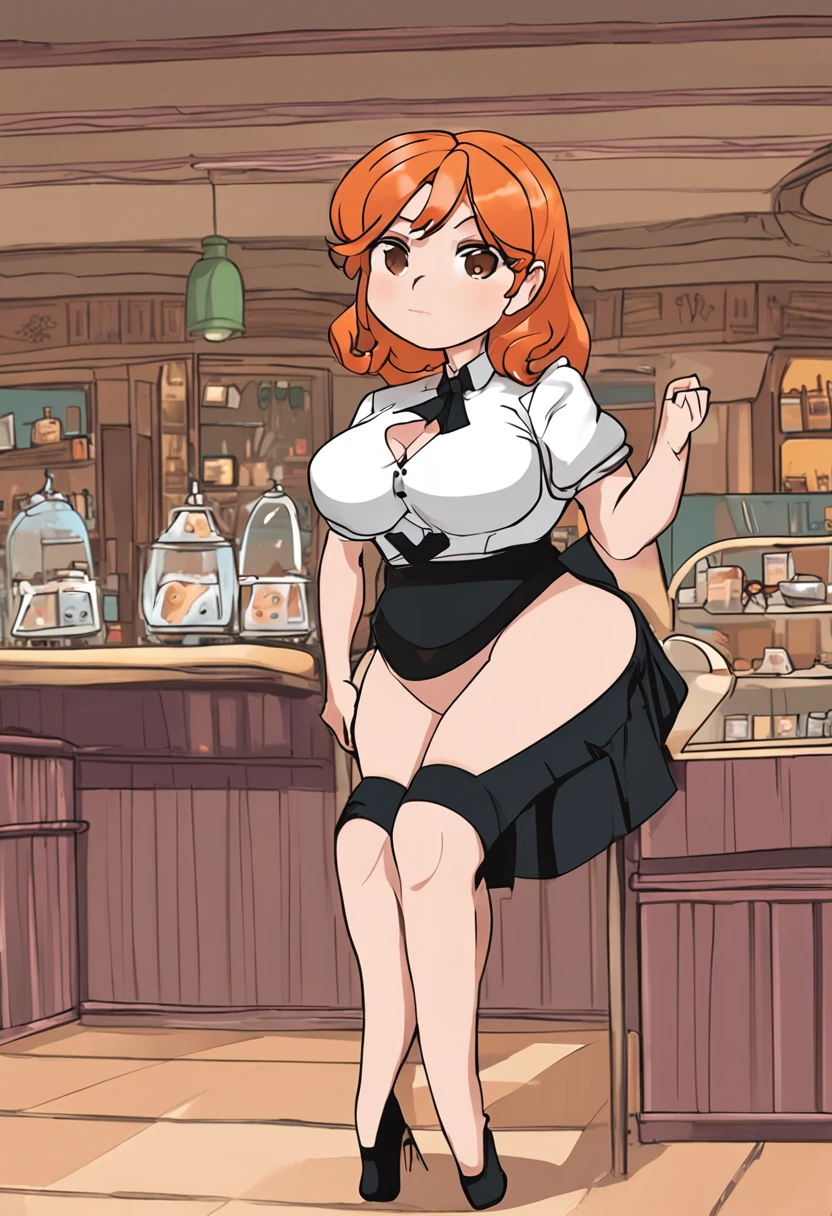 ai_generated curvy_body curvy_female curvy_figure The average cup size female_only huge_breasts looking_at_viewer +maid solo_female solo_focus stable_diffusion waitress orange_hair green_eyes lifts the skirt showing black panties legs in pantyhose --auto