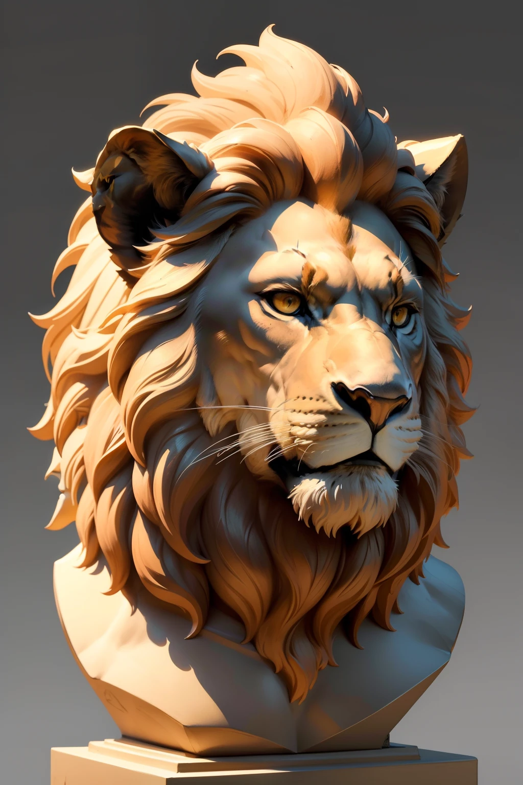 "Create an artistic representation of a lion bust seen in the profile, as if it were a carved statue. The focus should be only on the upper body of the lion, highlighting his imposing head and majestic mane. The background should be filled with a solid color, sem nenhum detalhe ou imagem adicional, To highlight the lion sculpture.