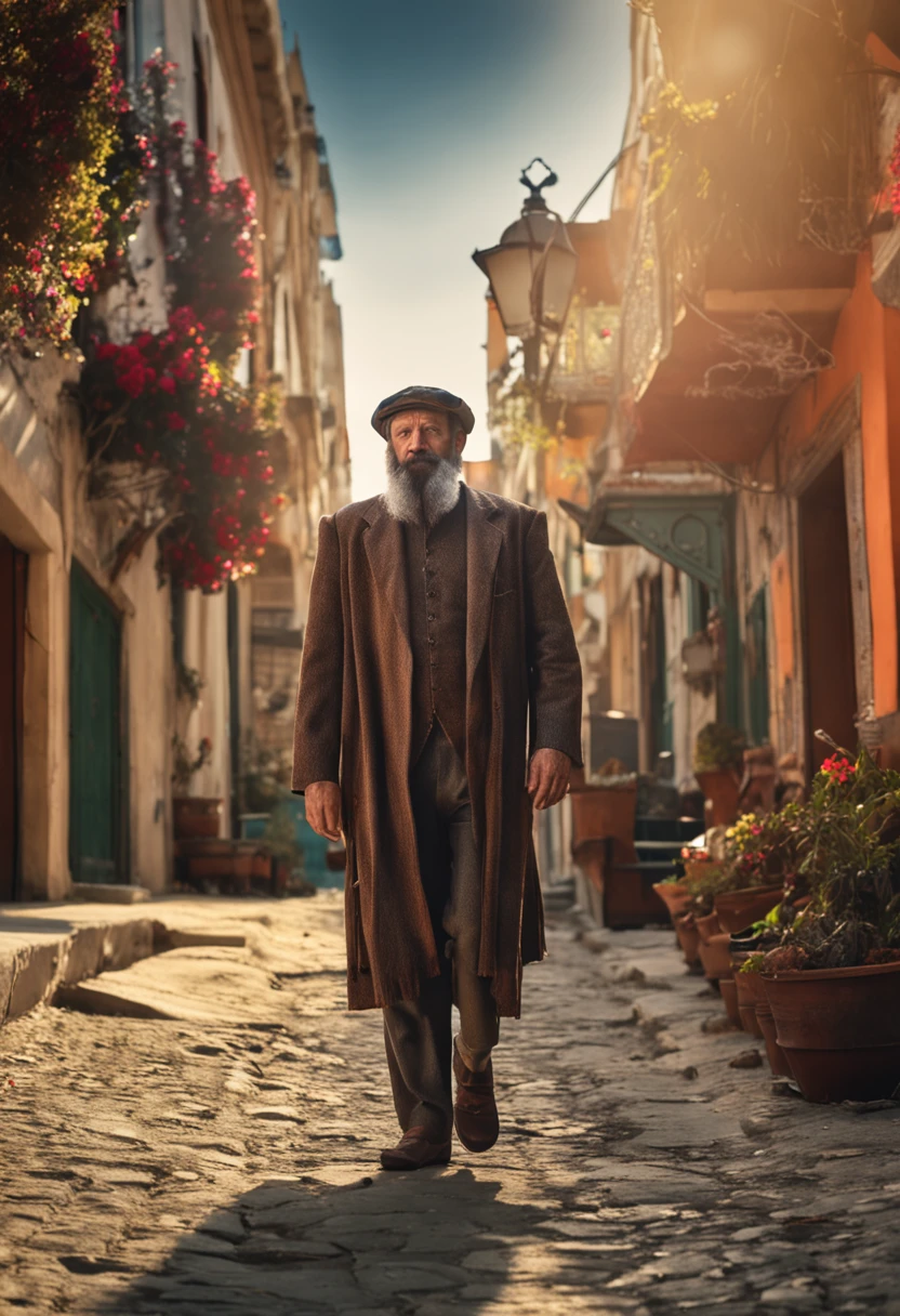 A mature, bearded man walking in a Jewish region, Bronzeado, pacato, trajes longos,religioso, 4k, Foto hiperreal de, High detail,