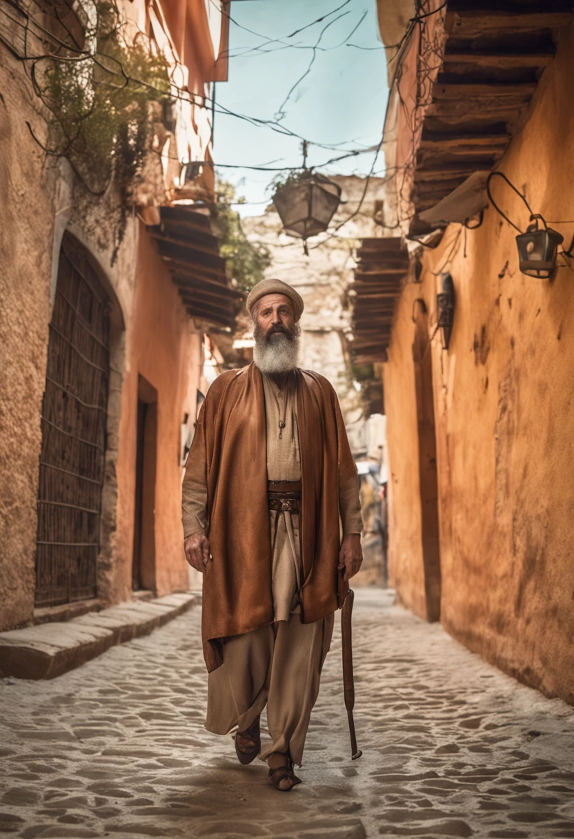 A mature, bearded man walking in a Jewish region, Bronzeado, pacato, trajes longos,religioso, 4k, Foto hiperreal de, High detail,
