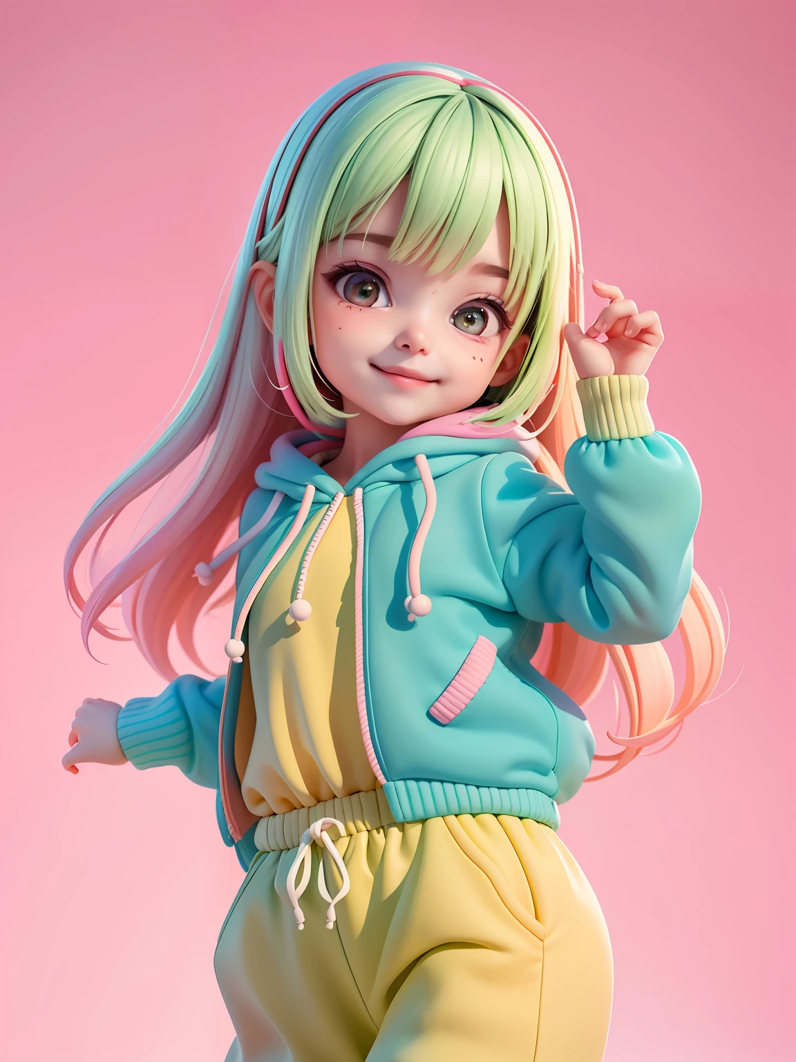 (​masterpiece), (top-quality), (ultra-detailliert), (full bodyesbian: 1.2) Beautiful and cute baby girl, Fruit theme, hoods, Colorful sweatshirts, Knitted jumpsuit, Pants, jaket, blouse, Clear smile, full bodyesbian, :3, Pastel tone background , Colorful and simple.