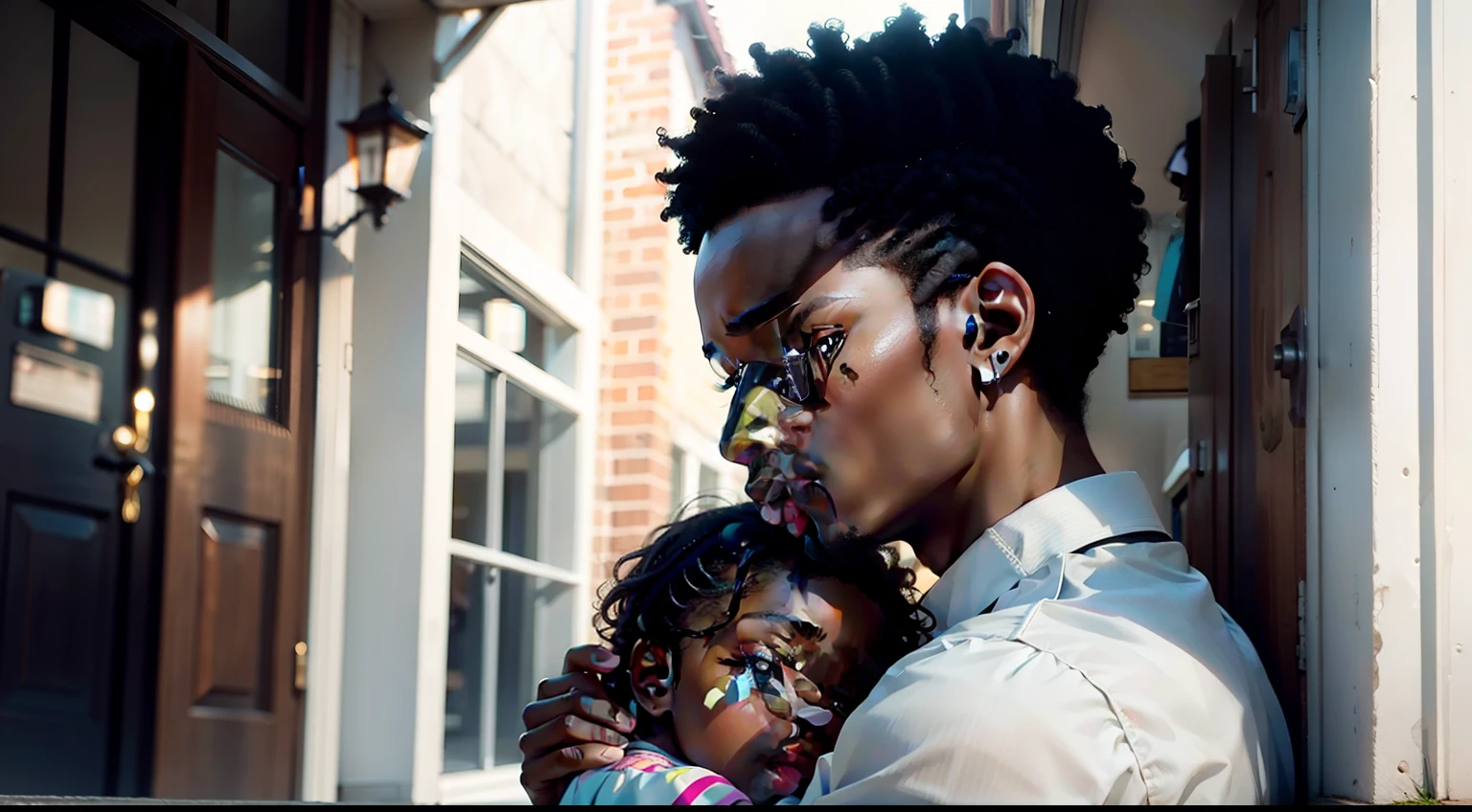 A BLACK MAN ON THE DOORSTEP WITH A BABY IN HIS ARMS AND A BLACK WOMAN IN A WHITE BLOUSE LOOKING AT THEM