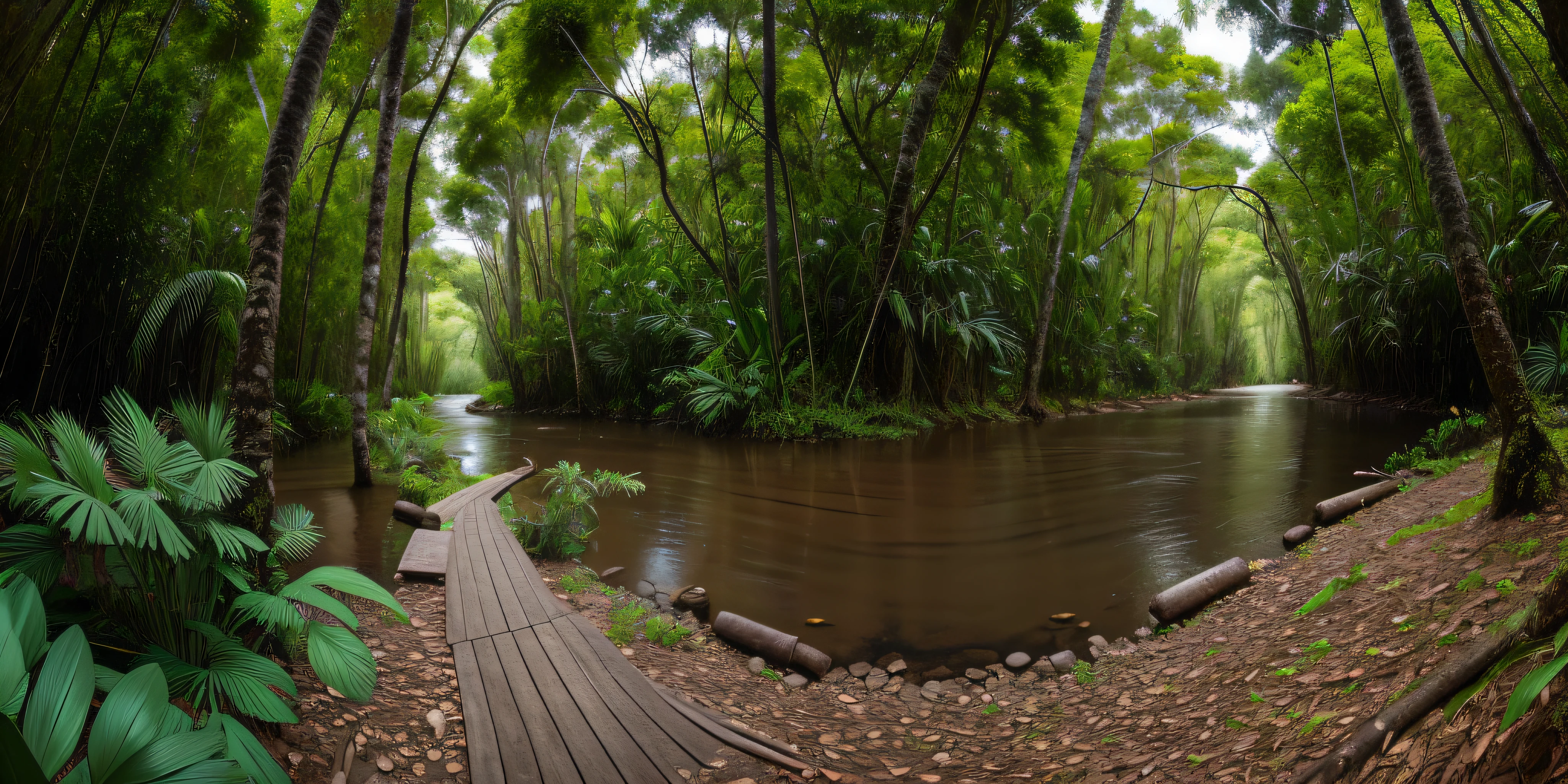 360° VR panorama image, sides (right and left) of the image stitched perfectly without division, Native wilderness trail in the Amazon forest, with several bromeliads, with tree trunks, with orchids, with a small river next to the trail, ultra detailed , realistic , photographer Tim Laman style.