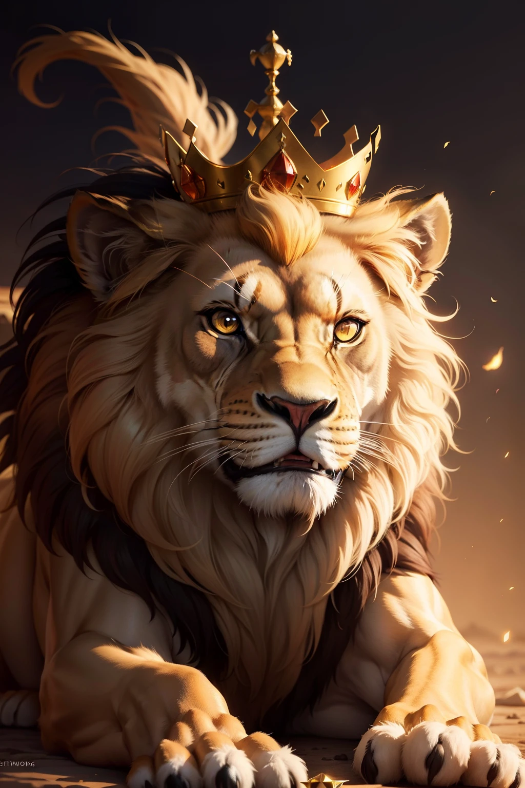 lion king animal, roaring, wearing a crown, reluctant image, with gold glow
