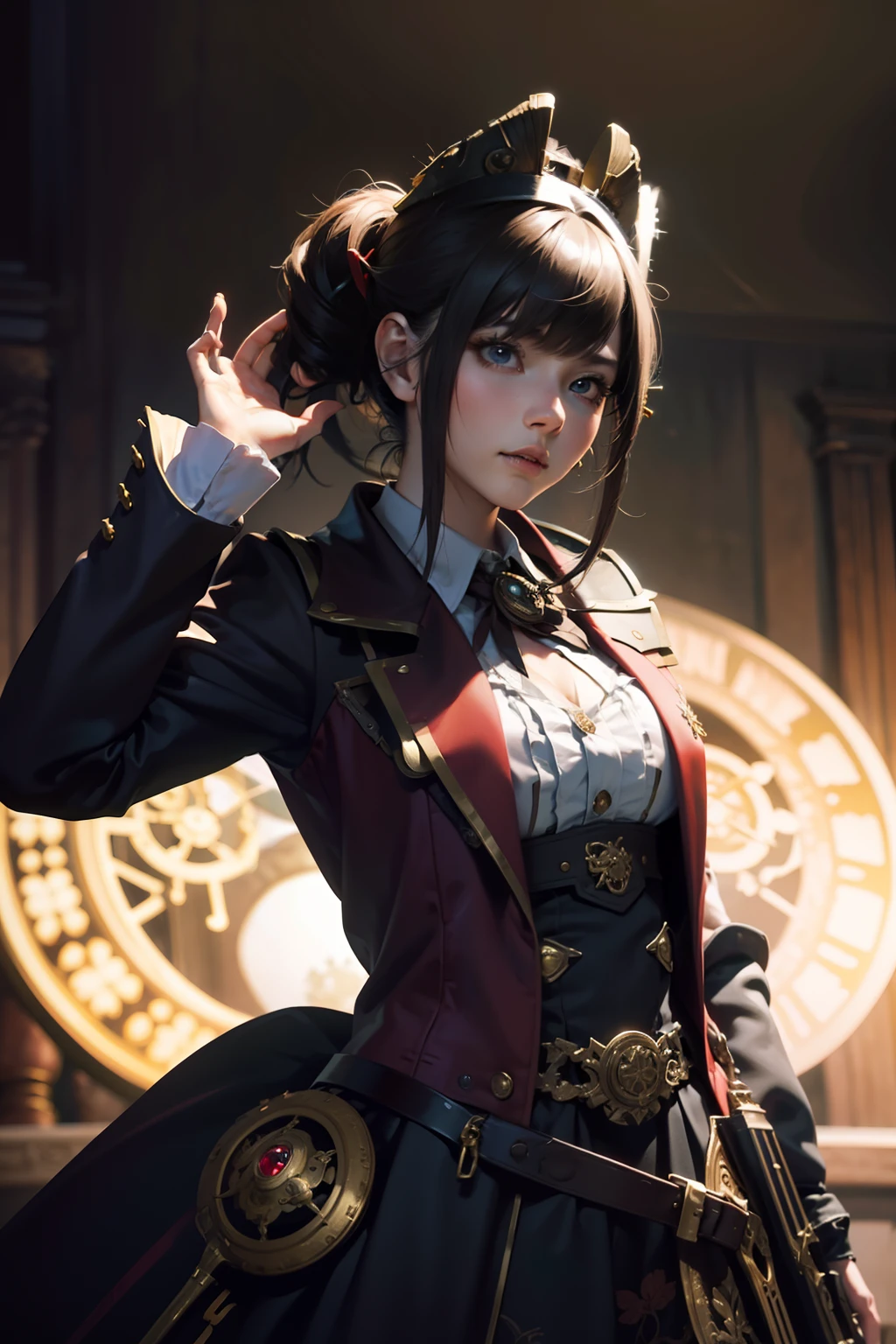 Masterpiece, high resolution, hyper-realistic photography,m, fantasy style, a woman holds a steampunk gun in her hands, in the style of light red and dark maroon, bold fashion photography, elaborate costumes, brushwork mastery, sombre, tabletop photography, tondo, magic circle, steampunk outfit,, perfect beautiful girl, laughting, 3d rendering, perspective, amazing anime illustration, impressive lighting, fantastic, dangerous, monstrous