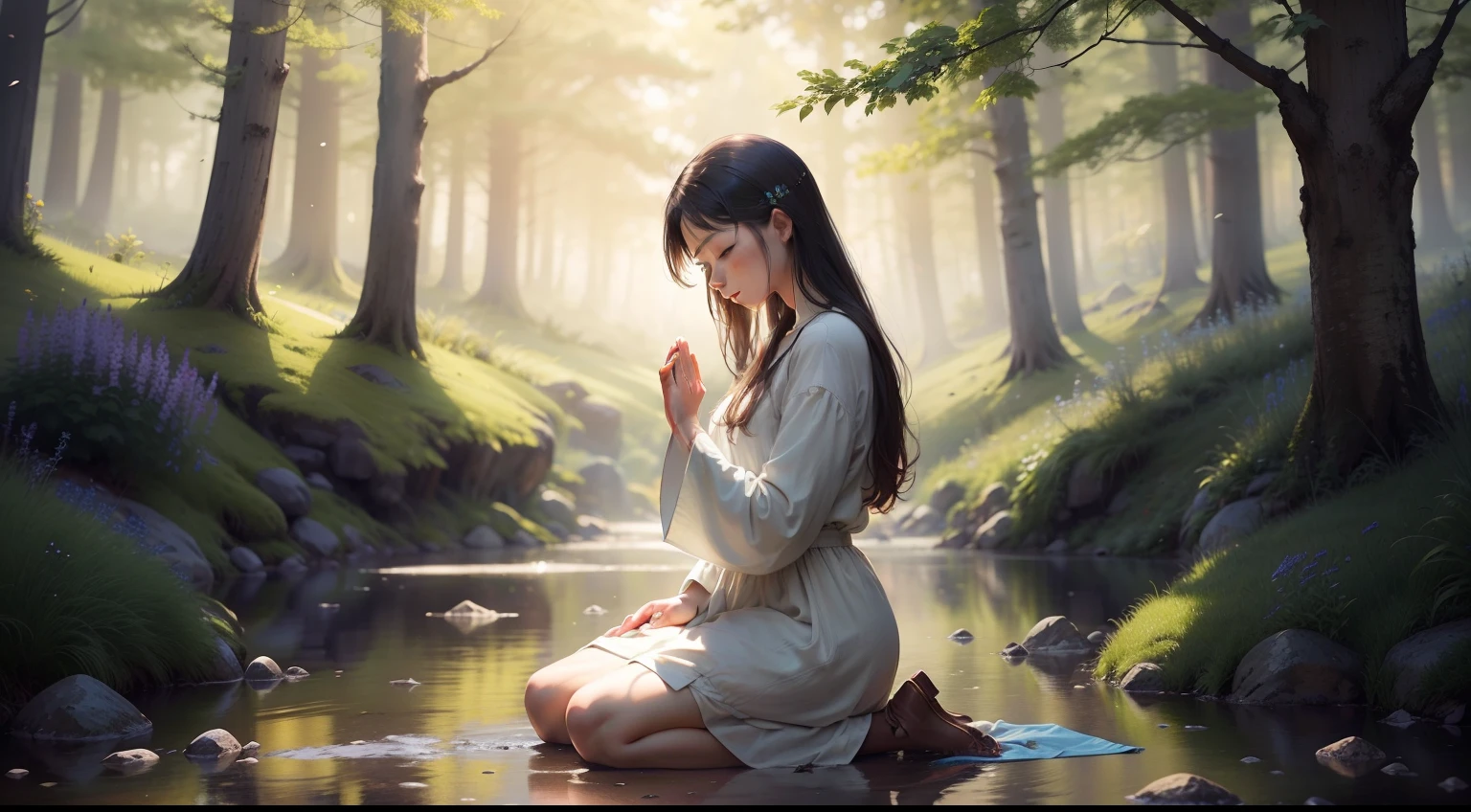 Generate a high resolution image of a serene and inspiring scene. In the image, a person is kneeling in a quiet space, with soft sunlight filtering through nearby trees. The person is dressed in simple clothes and has his hands delicately placed in a prayer position, with his eyes closed and an expression of serenity on his face. The surrounding scenery conveys a sense of peace, with wildflowers scattered across the ground and a gentle stream flowing in the background. The overall atmosphere of the image should convey a sense of spiritual connection and gratitude.