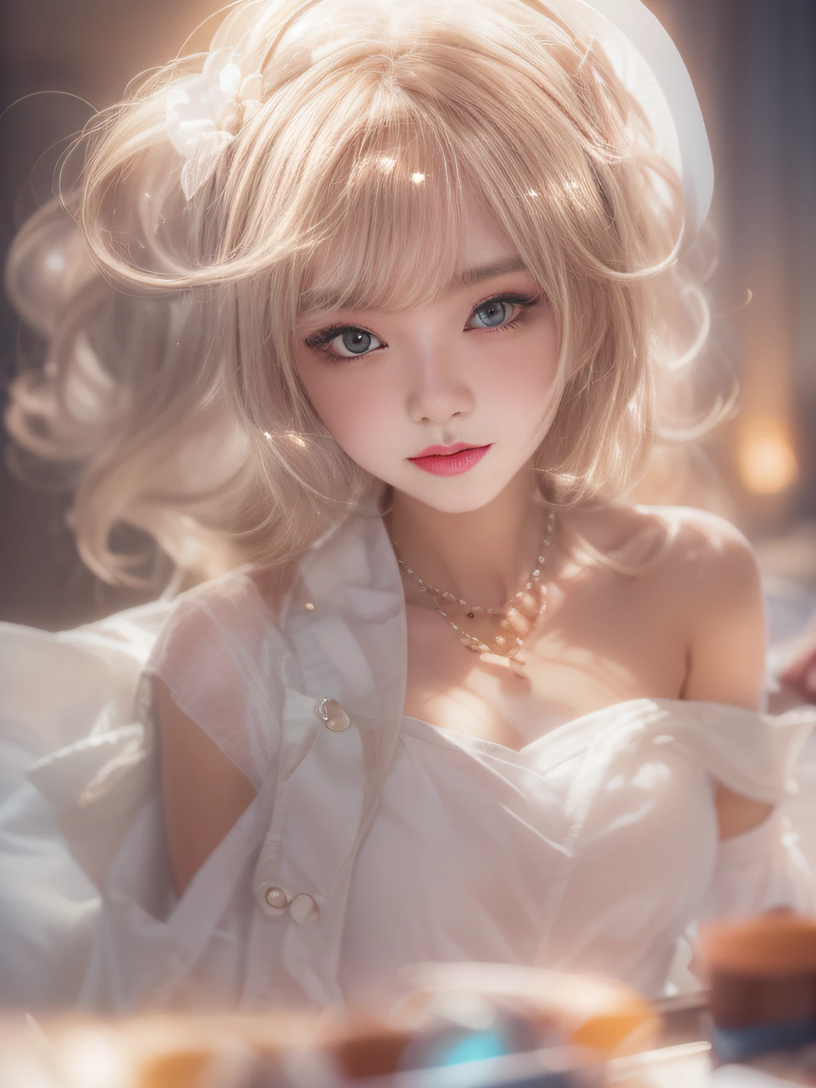 Blonde hair woman sitting at table in white dress, Tokusatsu Heroine, Mysterious Woman,circlet,Mysterious necklace,Soft lighting, guweiz, artwork in the style of guweiz, ig model | ArtGerm, A seductive anime girl, Anime girl cosplay, guweiz on pixiv artstation, wlop and sakimichan, range murata and artgerm，((Cool color makeup，Lowered eyebrows、Whitening effect，thin and thin eyebrows，eye bags，Ephemeral Girl，A look tinged with joy))，Very soft lighting，Eight-headed body，light glow，Film grain，Expro II，Lens Flare，Sharpen，cinematic shadow
