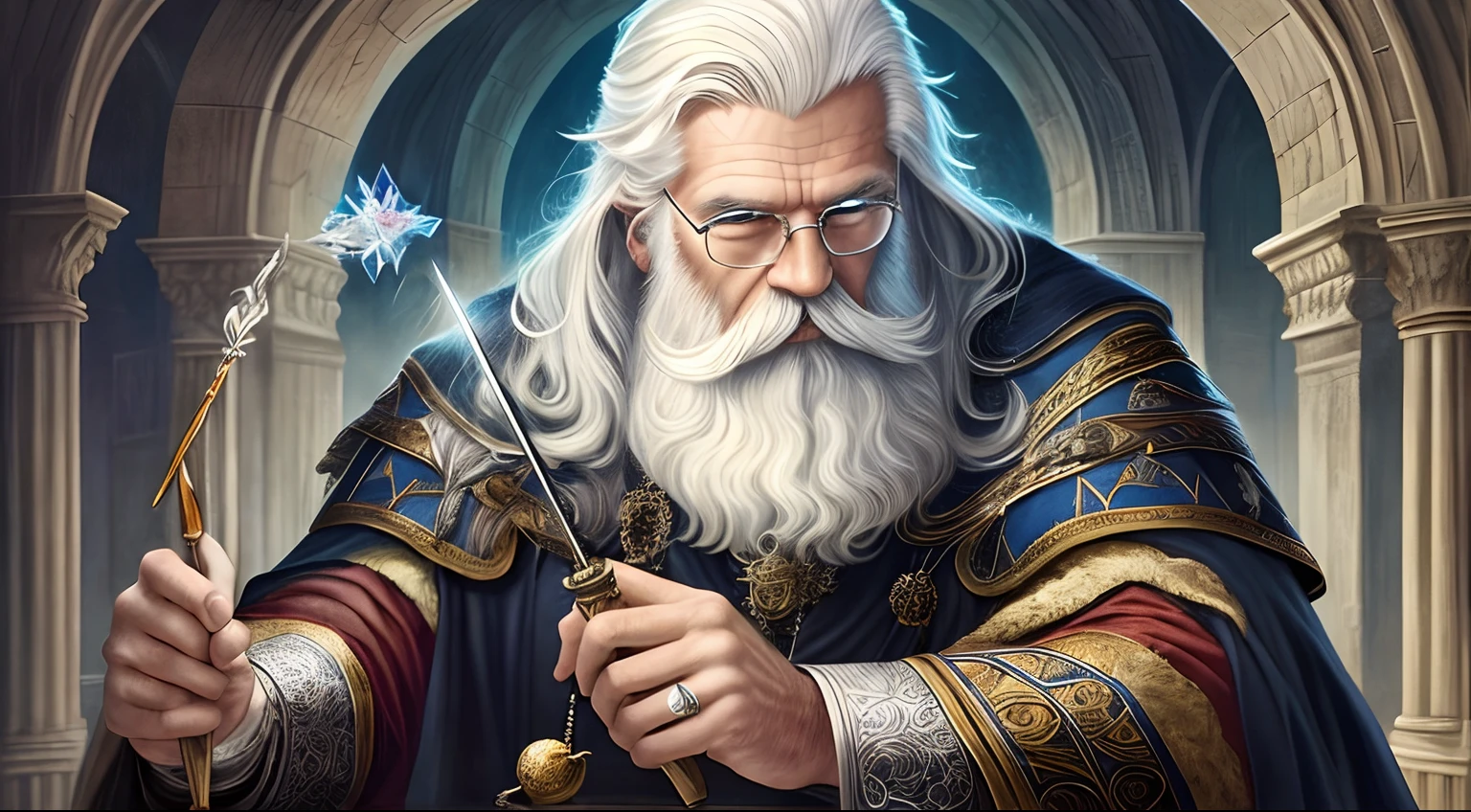 Artwork, (masterpiece), fantastic realism medieval castle in the background, wizard man, using beautiful magic wand detailed and with crystal tip, wizard with white beard, white hair and curly and fulfilled, black wolf, very detailed and hairy.