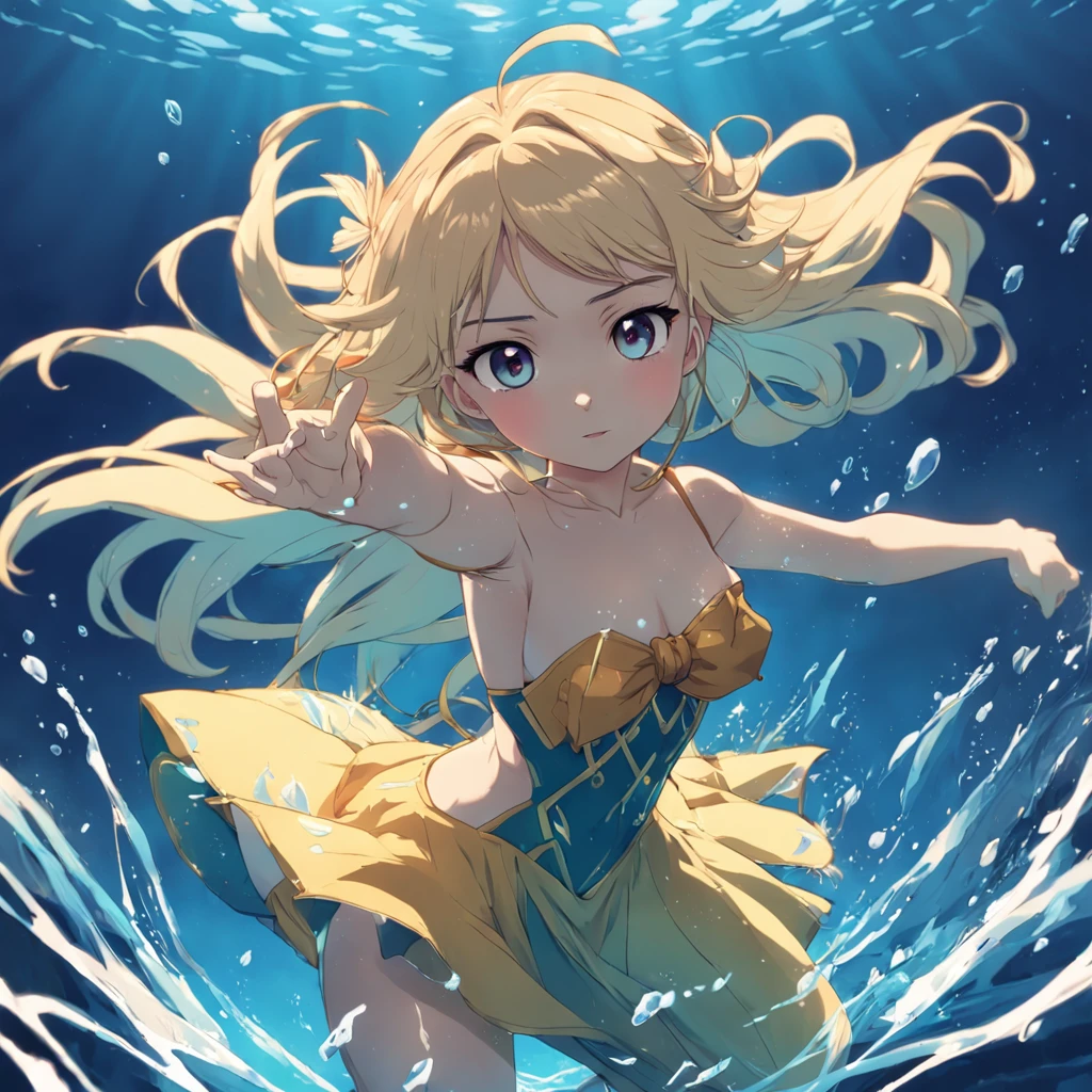 sereia anime, sereia, menina, blonde girl, sereia, Water powers, with flowing blond hair, sombreamento estilo anime plano, mulher anime, personagem estilo anime, estilo anime plano, pose poderosa, cabelo loira, roupas de sereia, pose poderosa, aquatic, menina animeoso, underwater