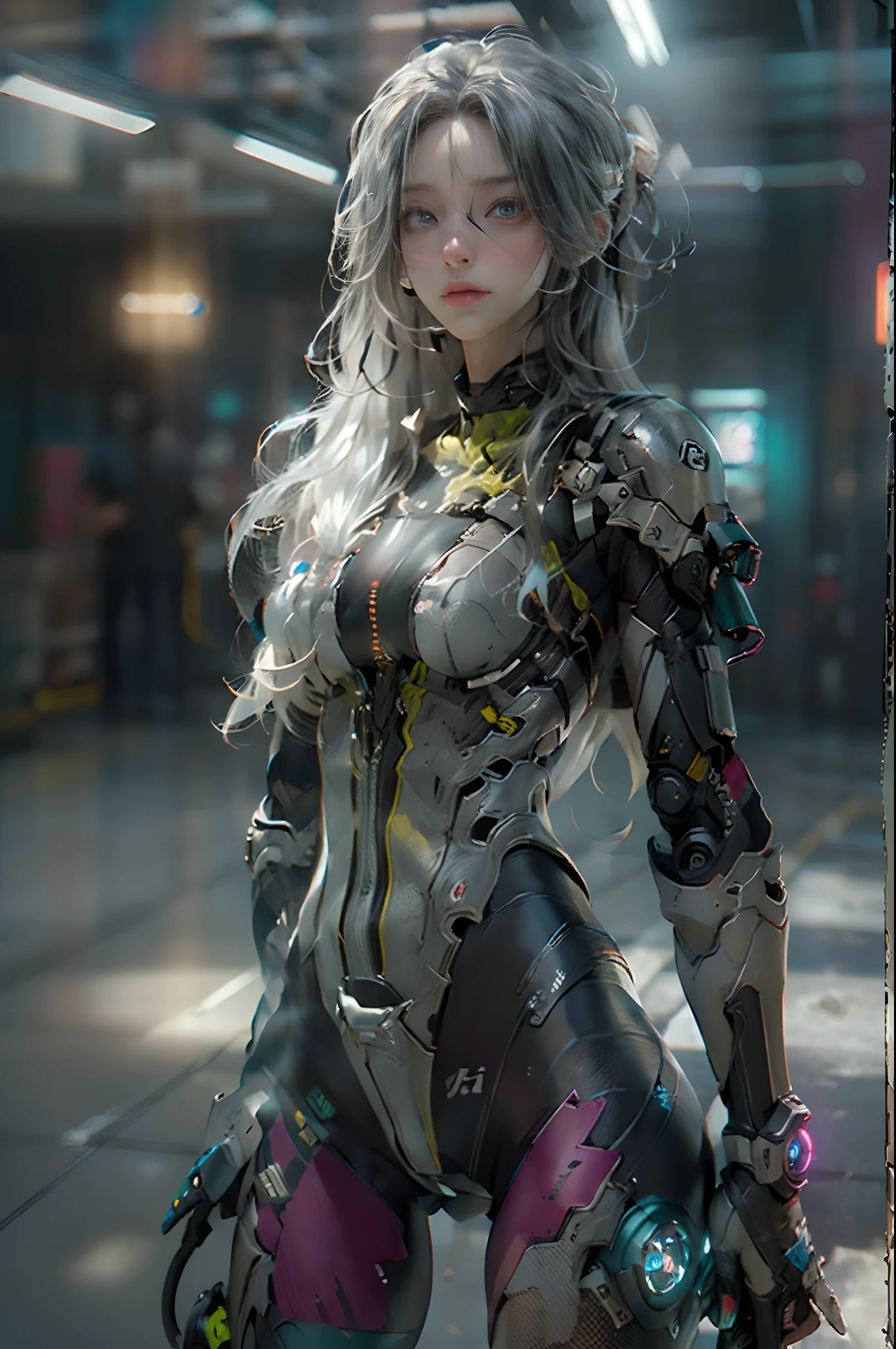 ((best qualtiy)), ((tmasterpiece)), (the detail:1.4), 3D, A beautiful cyberpunk female image,hdr(HighDynamicRange),Ray traching,NVIDIA RTX,Hyper-Resolution,Unreal 5,Subsurface scattering、PBR Texture、post-proces、Anisotropy Filtering、depth of fields、maximum definition and sharpness、Many-Layer Textures、Albedo e mapas Speculares、Surface coloring、Accurate simulation of light-material interactions、perfectly proportions、rendering by octane、Two-colored light、largeaperture、Low ISO、White balance、the rule of thirds、8K raw data,Black military uniform,White and blue gradient hair,Golden pain,Glowing eyes