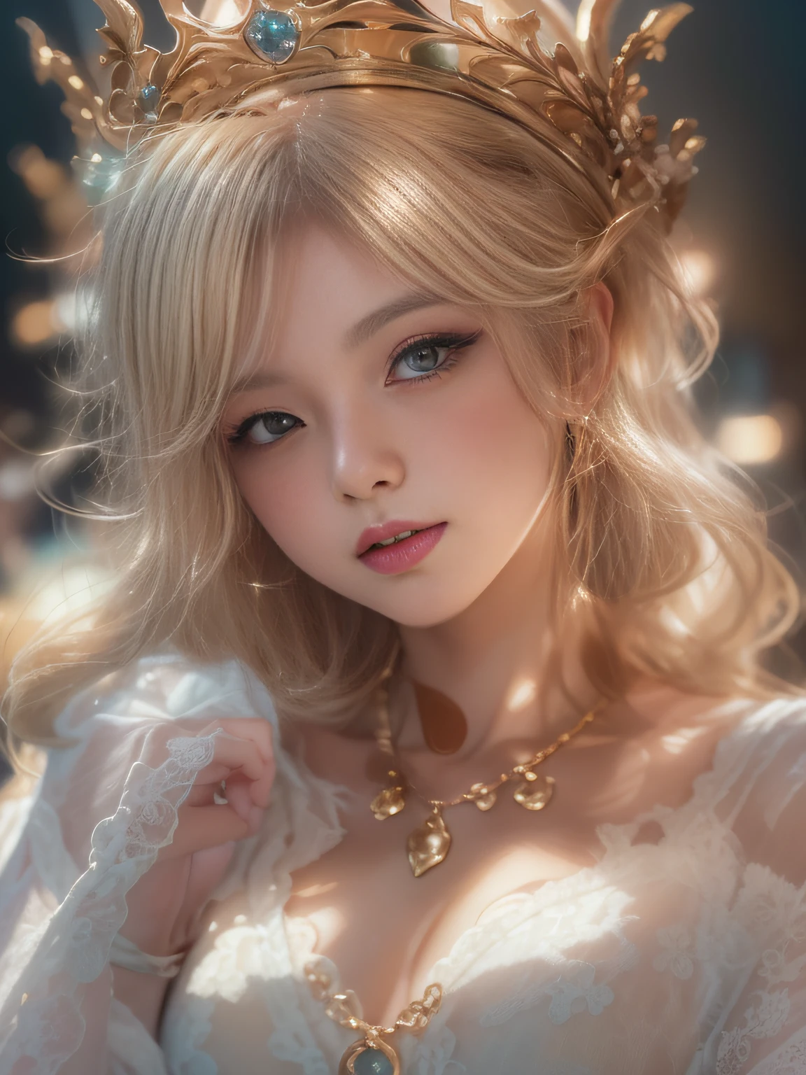 Blonde haired woman sitting at table wearing luxuriously decorated white dress of gold, Tokusatsu Heroine, Mysterious Woman,open crown,Mystical Necklace,Soft lighting, guweiz, artwork in the style of guweiz, ig model | ArtGerm, A seductive anime girl, Anime girl cosplay, guweiz on pixiv artstation, wlop and sakimichan, range murata and artgerm，((Cool color makeup，Lowered eyebrows、Whitening effect，thin and thin eyebrows，eye bags，Ephemeral Girl，A look tinged with joy))，Very soft lighting，Eight-headed body，light glow，Film grain，Expro II，Lens Flare，Sharpen，cinematic shadow