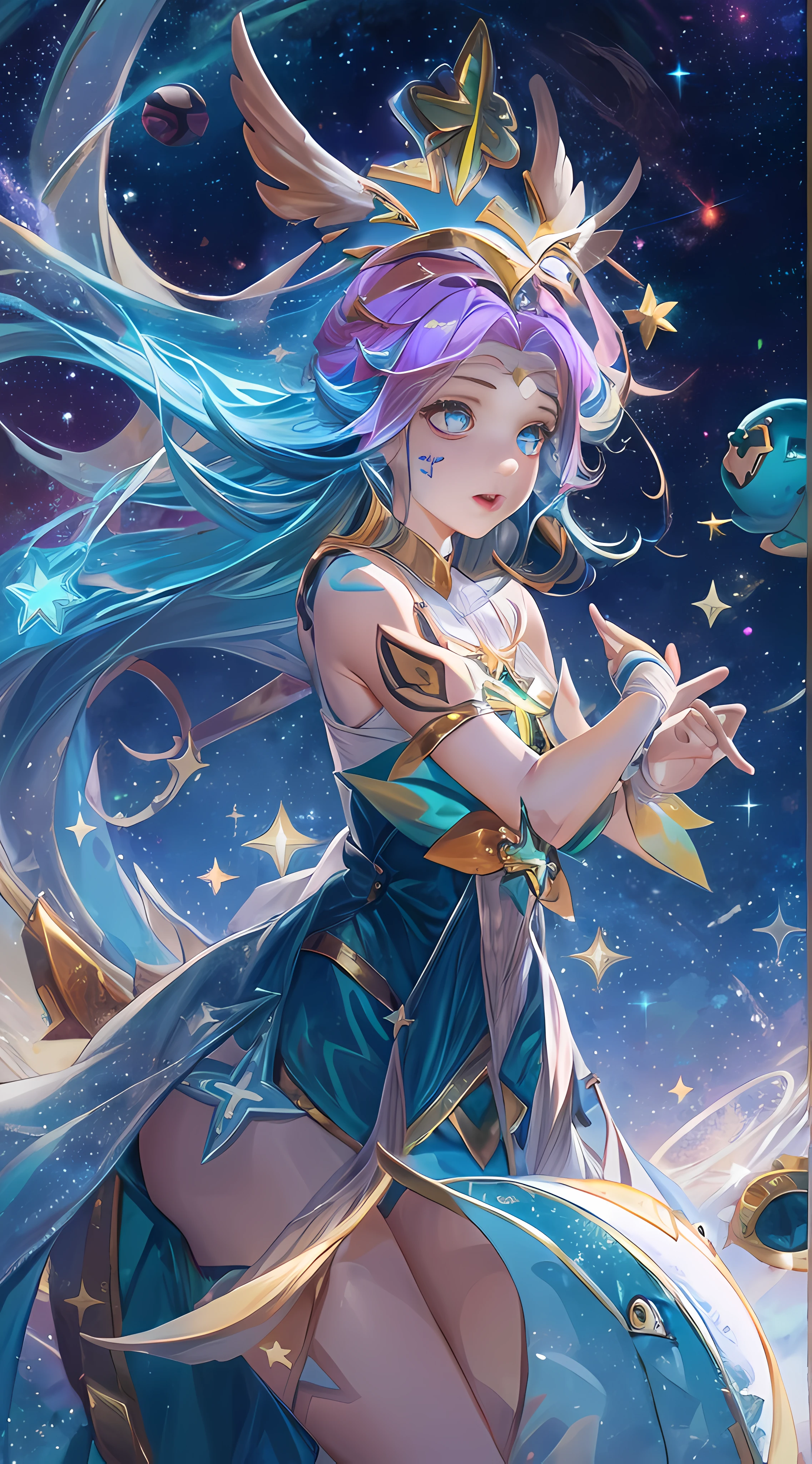 Best quality, Intricate details,
1girls, neeko, facial marks, star guardian neeko，multicolored hair, Dress, star guardian \(league of legend\), moumagical girl, hair ornament，tail
nebula background, space, Stars, planetes, Darkness,