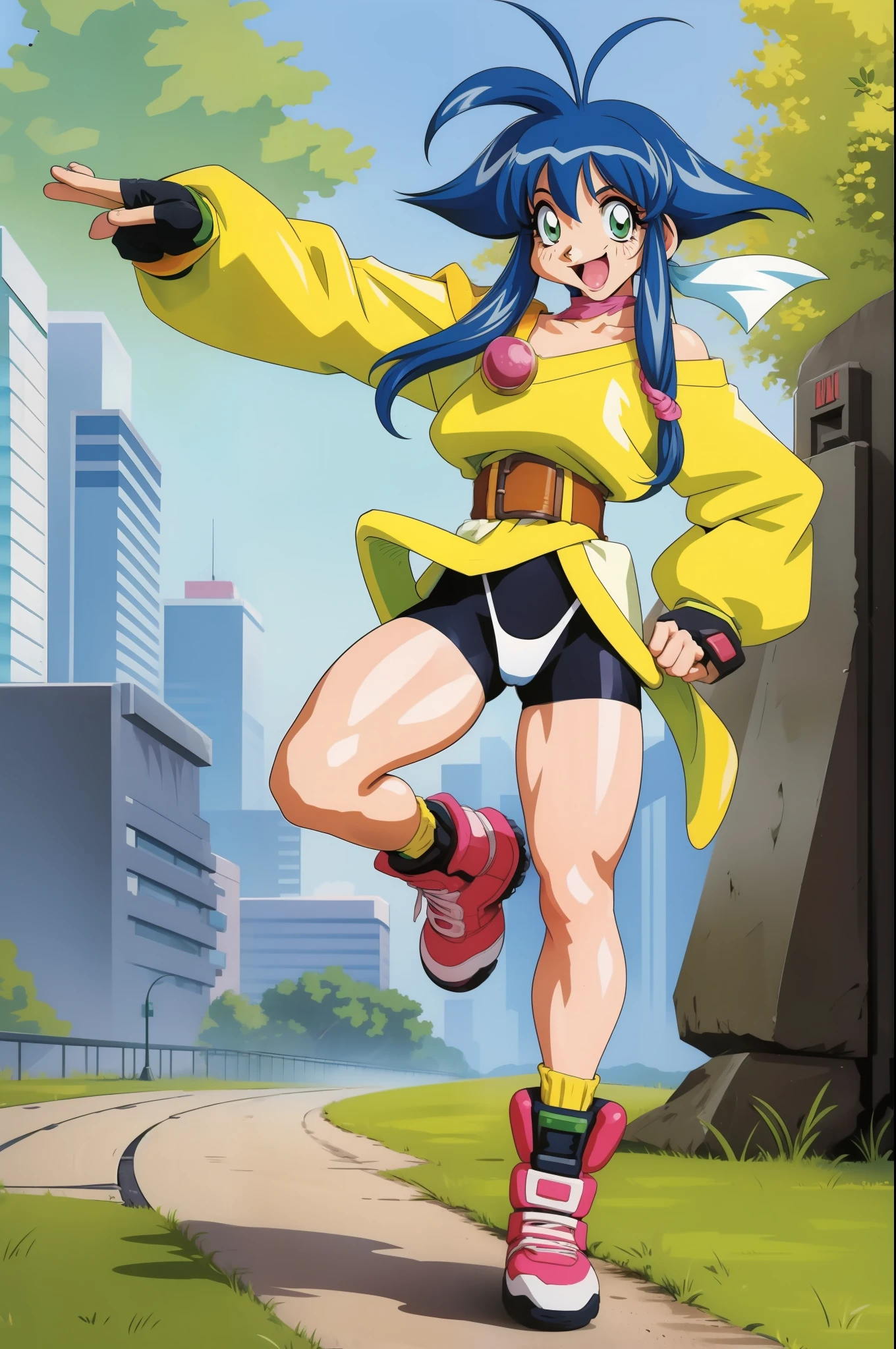 lime,spandex,green eyes,fingerless gloves,1990s (style),blue hair,retro artstyle,long hair,yellow bandana,bike shorts, full body, forest,smile, medium breast, full body