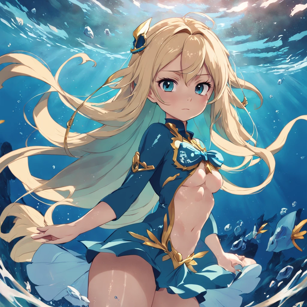 Menina sereia anime, sereia, menina brava, blonde girl, sereia, Water powers, with flowing blond hair, sombreamento estilo anime plano, mulher anime, personagem estilo anime, estilo anime plano, pose poderosa, cabelo loira, roupas de sereia, pose poderosa, aquatic, menina anime poderoso, underwater