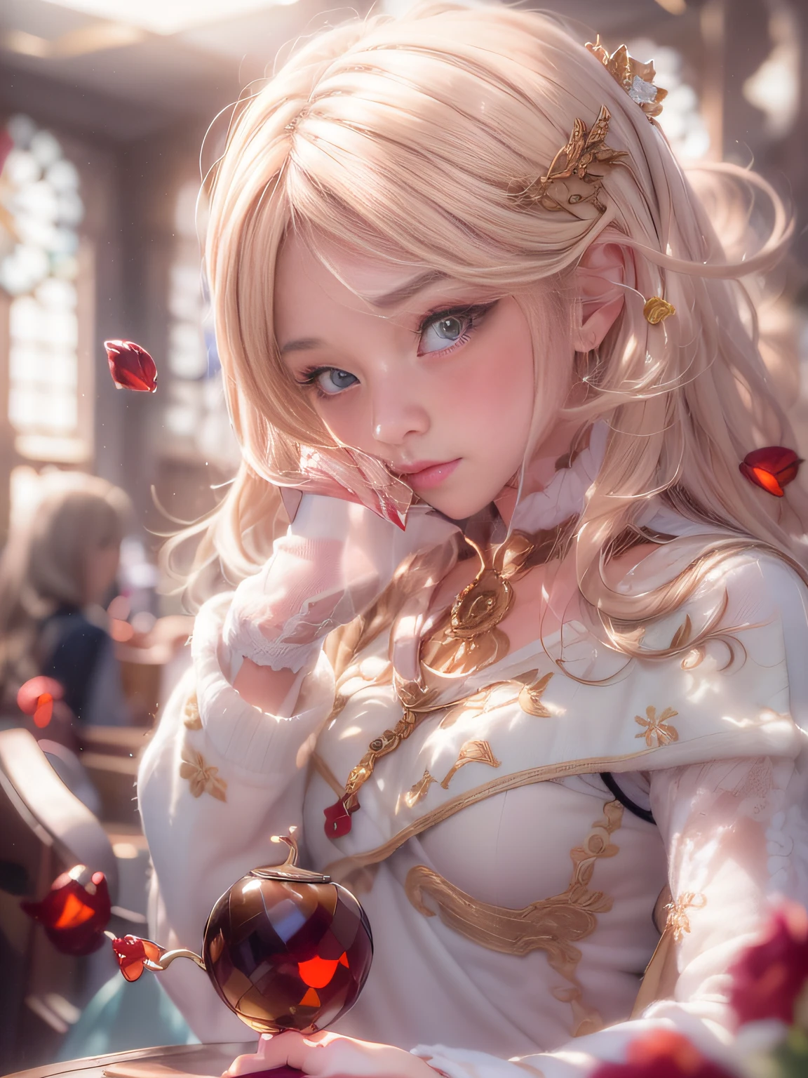 Blonde woman sitting at table in golden white dress, Tokusatsu Heroine, Mysterious Woman,Red Gemstones and Hoop Crowns,Mystical Necklace,White cloak,Soft lighting, guweiz, artwork in the style of guweiz, ig model | ArtGerm, A seductive anime girl, Anime girl cosplay, guweiz on pixiv artstation, wlop and sakimichan, range murata and artgerm，((Cool color makeup，Lowered eyebrows、Whitening effect，thin and thin eyebrows，eye bags，Ephemeral Girl，A look tinged with joy))，Very soft lighting，Eight-headed body，light glow，Film grain，Expro II，Lens Flare，Sharpen，cinematic shadow