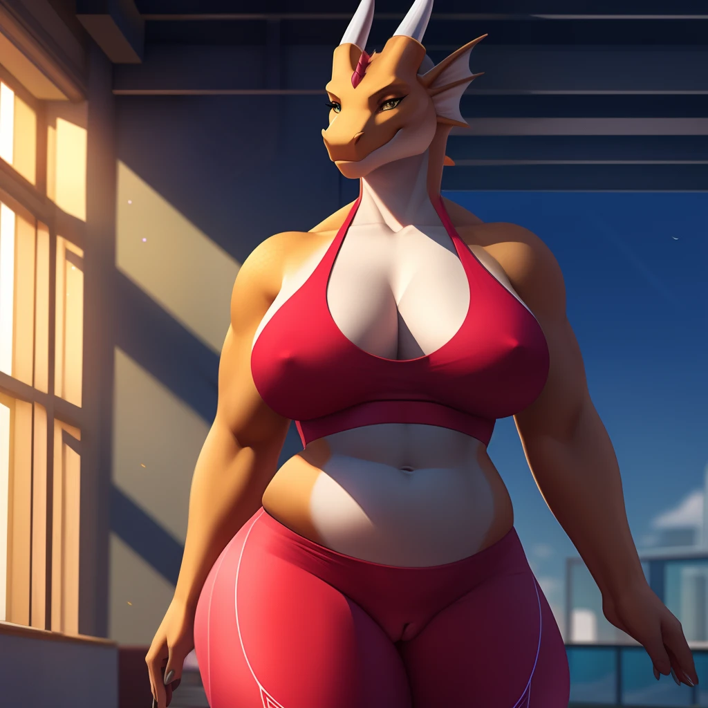 realistic, detailed e621 art, sharp, high complex quality, 4k, adult, anthropomorphic, biped, (female dragon:1.1), femealized, voluptuous, (nsfw), thick thighs, wide hips, huge thighs, huge hips, seductive face, looking at me, high illuminated, standing, (clothed a yoga_pants:1.2), fully clothed, pantylines, sunny day, high lighting, (innie pussy:1.3), short belly,