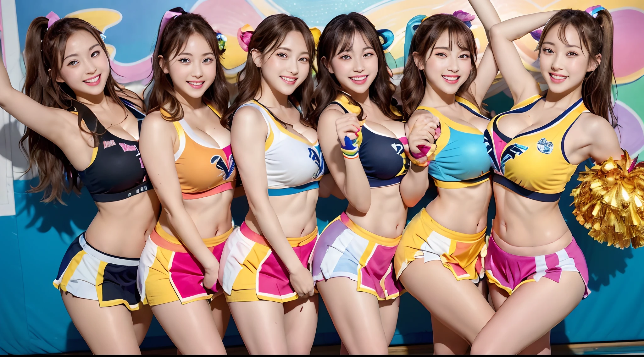8K、 超A high resolution、Best Quality、Photorealsitic、hightquality、high-detail、masuter piece、(huge-breasted、cleavage of the breast:1.2)hi-school girl、Butter Reading Club、(cheerleaders、Shiny colorful tank top、White mini skirt:1.3)(High School Gymnasium:1.3)(Big black eyes、long brown hair:1.3)Exposing the navel、(toned body and big buttocks:1.2)Big eyes、Obviously double eyelids、Smile happily、dance、(Foursome、Dance together:1.3)