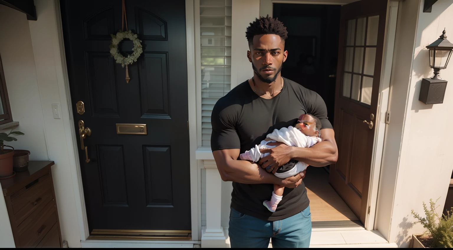 A BLACK MAN IN FRONT OF THE DOOR OF THE HOUSE WITH A BABY IN HIS ARMS