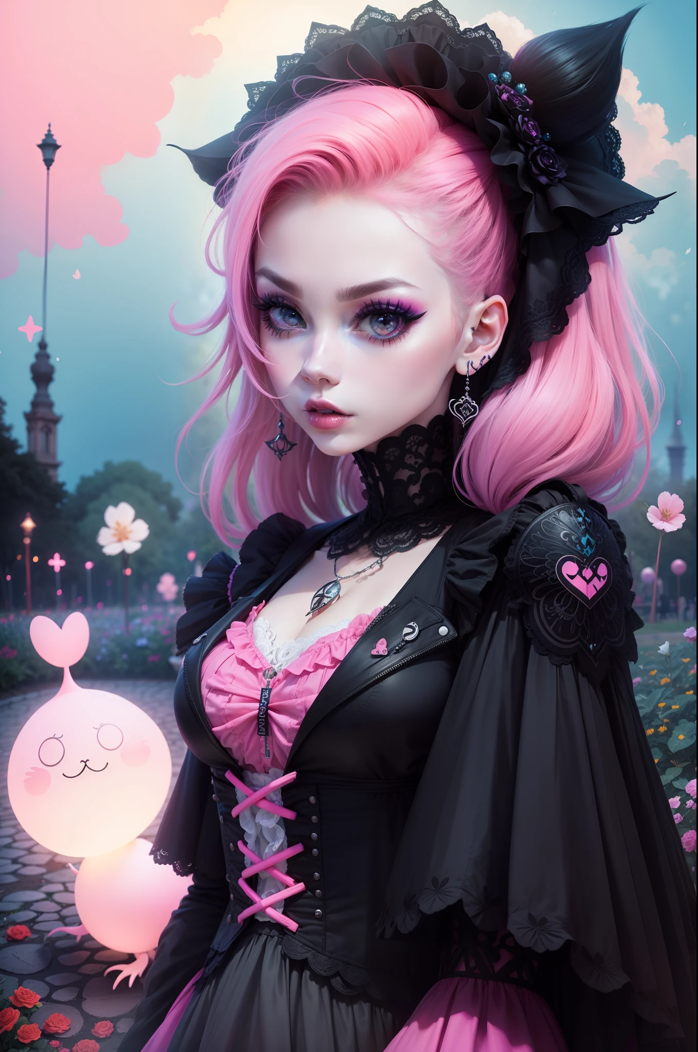 En un hermoso parque una mujer de aspecto moderno. It has a very colorful and striking kawaii gothic style.., con un maquillaje elegante y una peluca colorida.