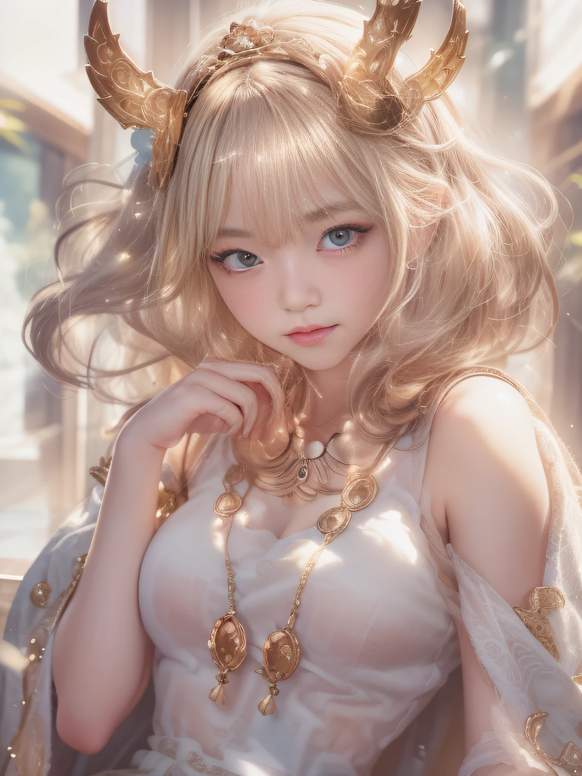 Blonde woman sitting at table in golden white dress, Tokusatsu Heroine, Mysterious Woman,Gemstones and Hoop Crowns,Mystical Necklace,White cloak,Mysterious glowing jewel bangles,Have a mysterious wand,Soft lighting, guweiz, artwork in the style of guweiz, ig model | ArtGerm, A seductive anime girl, Anime girl cosplay, guweiz on pixiv artstation, wlop and sakimichan, range murata and artgerm,((Cool color makeup,Lowered eyebrows、Whitening effect,thin and thin eyebrows,eye bags,Ephemeral Girl,A look tinged with joy)),Very soft lighting,Eight-headed body,light glow,Film grain,Expro II,Lens Flare,Sharpen,cinematic shadow