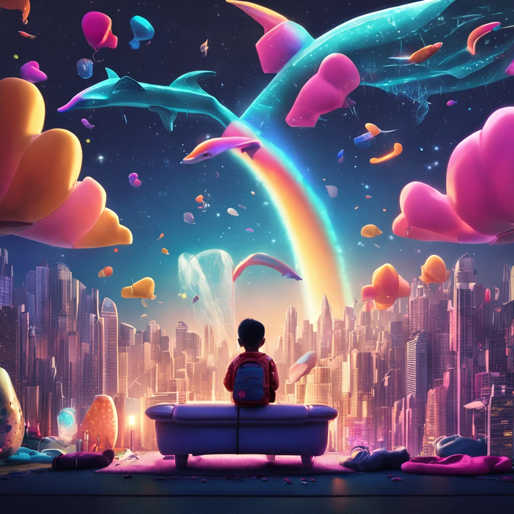 Stars shine,Colorful,A giant whale floats over the city,pretty and cute,Kids Illustration,glow effect,dingdall effect,depth of fields,highlight,Real Light,Ray traching,OC rendering,Hyper-realistic,best qualtiy,8K,Works of masters,super-fine,Detailed pubic hair,Correct anatomy,sharp focus on eyes,Bokeh,Facial features are carefully drawn