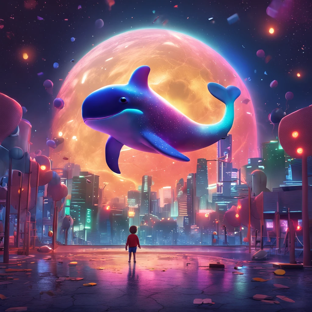 Stars shine，Colorful，A giant whale floats over the city，pretty and cute，Kids Illustration，glow effect，dingdall effect，depth of fields，highlight，Real Light，Ray traching，OC rendering，Hyper-realistic，best qualtiy，8K，Works of masters，super-fine，Detailed pubic hair，Correct anatomy，sharp focus on eyes，Bokeh，Facial features are carefully drawn