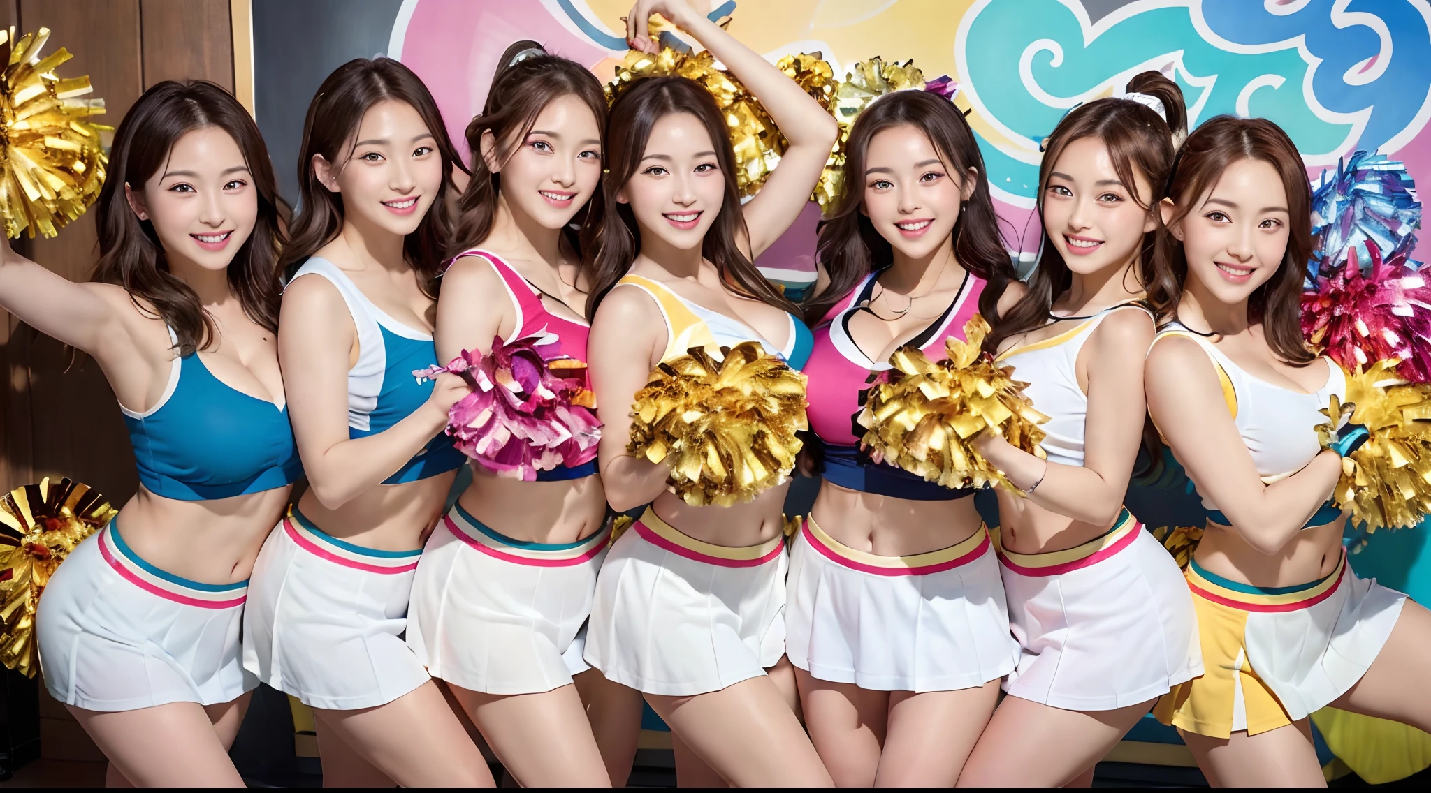 8K、 超A high resolution、Best Quality、Photorealsitic、hightquality、high-detail、masuter piece、(huge-breasted、cleavage of the breast:1.2)hi-school girl、Butter Reading Club、(cheerleaders、Shiny colorful tank top、White mini skirt:1.3)(High School Gymnasium:1.3)(Big black eyes、long brown hair:1.3)Exposing the navel、(toned body and big buttocks:1.2)Big eyes、Obviously double eyelids、Smile happily、dance、(Foursome、Dance together:1.3)