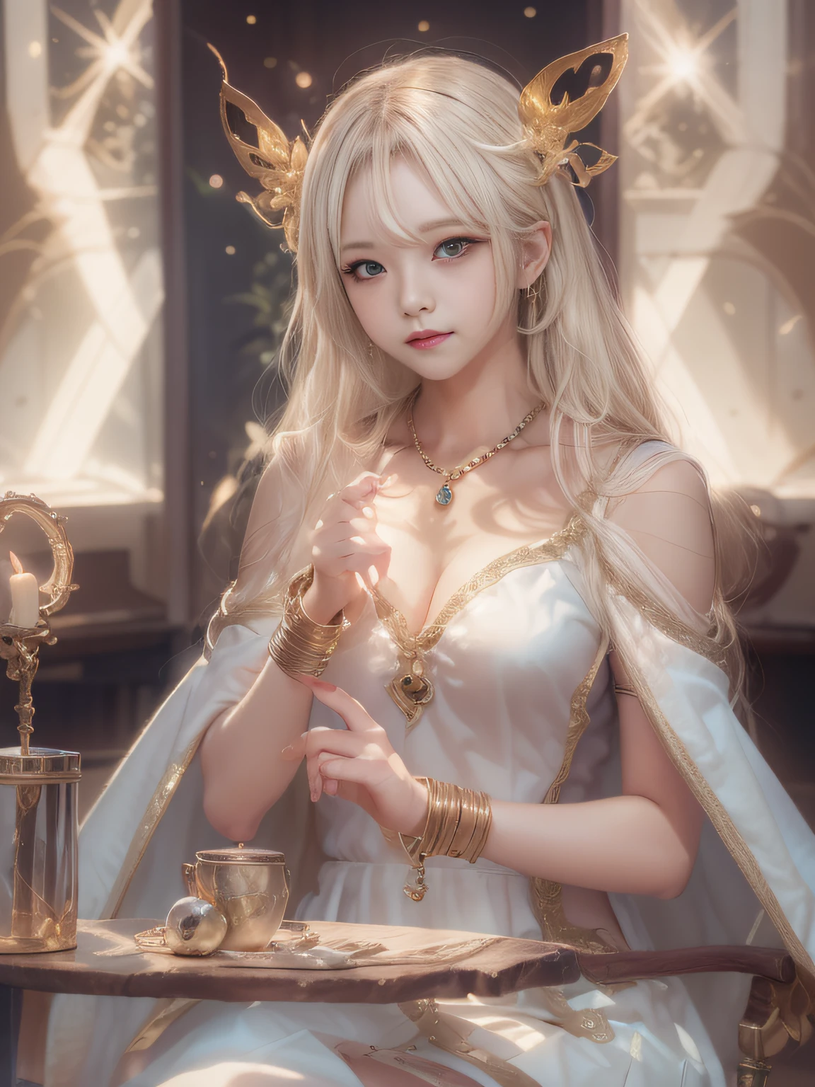 Blonde woman sitting at table in golden white dress, Tokusatsu Heroine, Mysterious Woman,Gemstones and Hoop Crowns,Mystical Necklace,White cloak,Mysteriously sparkling jewel bangles，He holds a mysterious wand in his left hand，Soft lighting, guweiz, artwork in the style of guweiz, ig model | ArtGerm, A  anime girl, Anime girl cosplay, guweiz on pixiv artstation, wlop and sakimichan, range murata and artgerm，((Cool color makeup，Lowered eyebrows、Whitening effect，thin and thin eyebrows，eye bags，Ephemeral Girl，A look tinged with joy))，Very soft lighting，Eight-headed body，light glow，Film grain，Expro II，Lens Flare，Sharpen，cinematic shadow