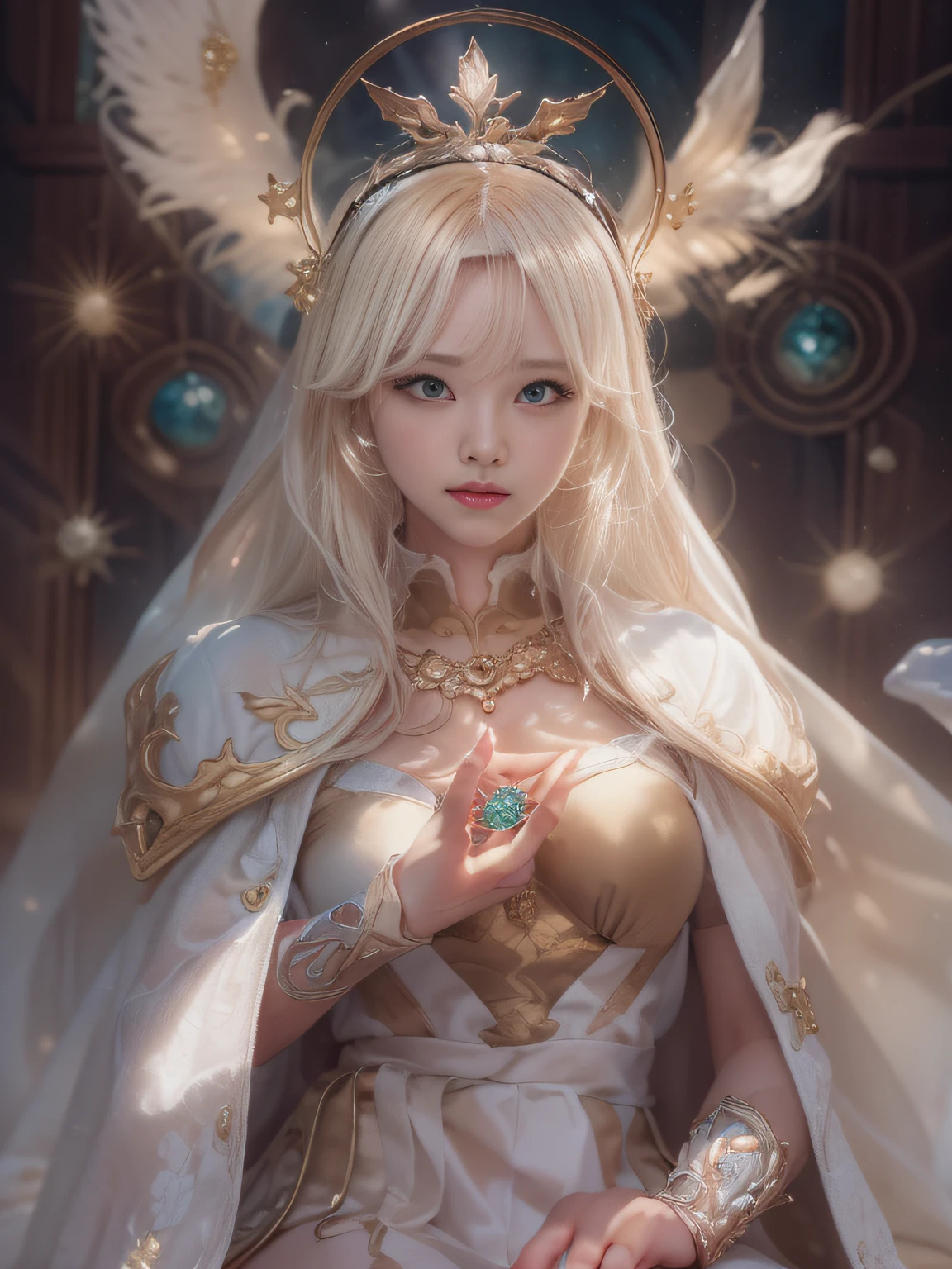 Blonde woman sitting at table in golden white dress, Tokusatsu Heroine, Mysterious Woman,Gemstones and Hoop Crowns,Mystical Necklace,White cloak,Mysteriously sparkling jewel bangles,He holds a mysterious wand in his left hand,Soft lighting, guweiz, artwork in the style of guweiz, ig model | ArtGerm, A seductive anime girl, Anime girl cosplay, guweiz on pixiv artstation, wlop and sakimichan, range murata and artgerm,((Cool color makeup,Lowered eyebrows、Whitening effect,thin and thin eyebrows,eye bags,Ephemeral Girl,A look tinged with joy)),Very soft lighting,Eight-headed body,light glow,Film grain,Expro II,Lens Flare,Sharpen,cinematic shadow
