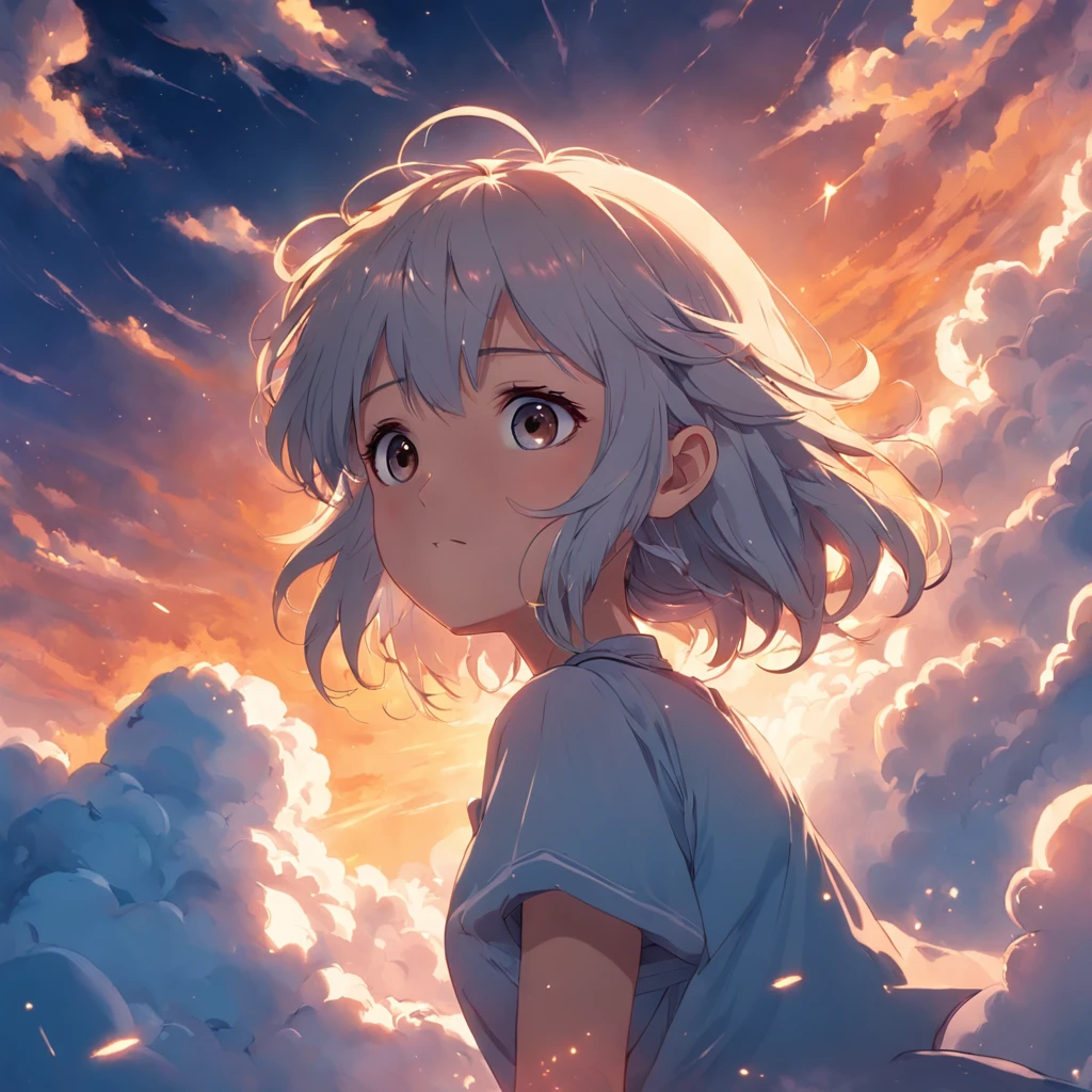 masterpiece, best quality, movie still, 1girl, cloud girl, floating in the sky, close-up, bright, happy, warm soft lighting, sunset, (sparks:0.7)
