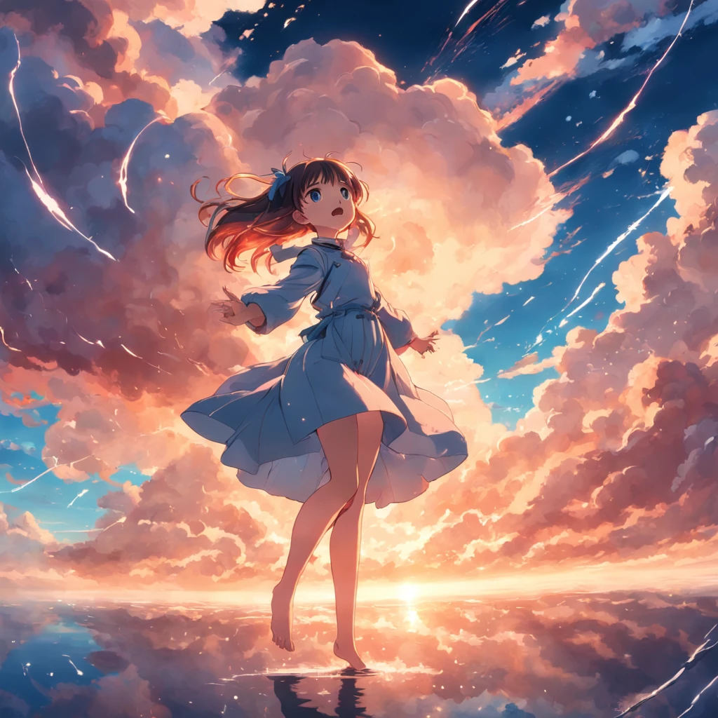 masterpiece, best quality, movie still, 1girl, cloud girl, floating in the sky, close-up, bright, happy, warm soft lighting, sunset, (sparks:0.7)