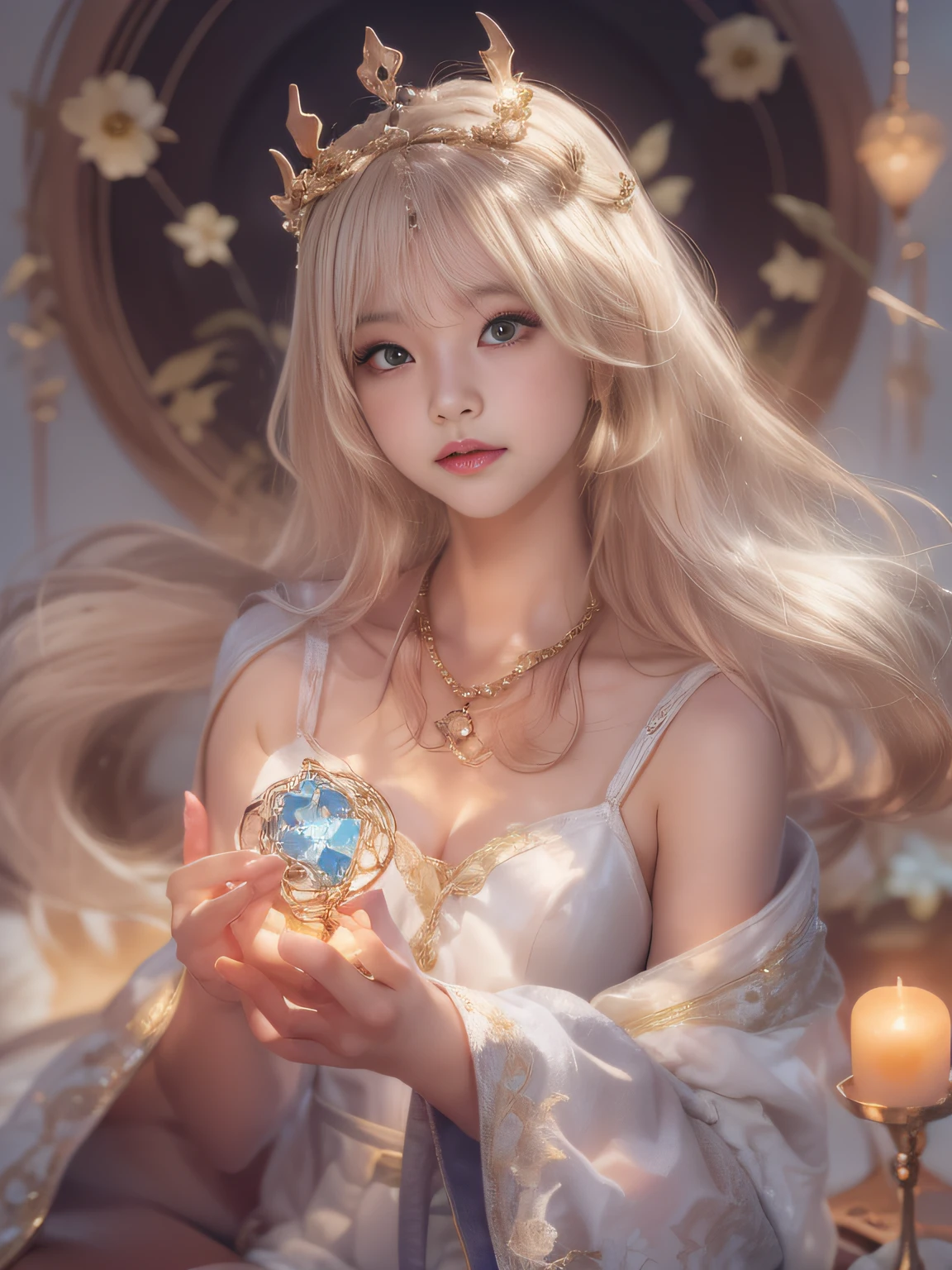 Blonde woman sitting at table in golden white dress, Tokusatsu Heroine, Mysterious Woman,Gemstones and Hoop Crowns,Mystical Necklace,White cloak,Mysteriously sparkling jewel bangles，He holds a mysterious wand in his left hand，Soft lighting, guweiz, artwork in the style of guweiz, ig model | ArtGerm, A seductive anime girl, Anime girl cosplay, guweiz on pixiv artstation, wlop and sakimichan, range murata and artgerm，((Cool color makeup，Lowered eyebrows、Whitening effect，thin and thin eyebrows，eye bags，Ephemeral Girl，A look tinged with joy))，Very soft lighting，Eight-headed body，light glow，Film grain，Expro II，Lens Flare，Sharpen，cinematic shadow