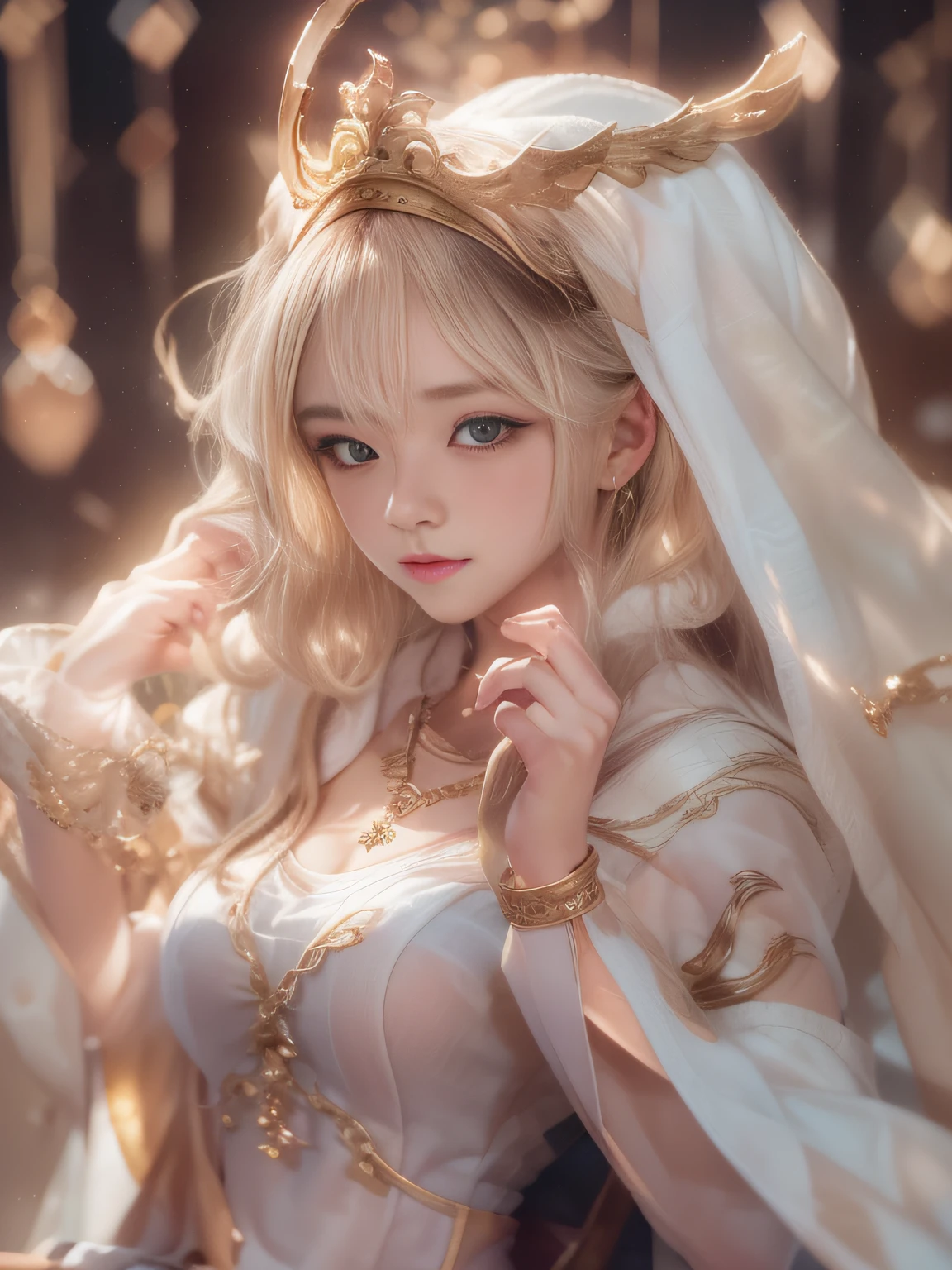 Blonde woman sitting at table in golden white dress, Tokusatsu Heroine, Mysterious Woman,Gemstones and Hoop Crowns,Mystical Necklace,White cloak,Mysteriously sparkling jewel bangles，He holds a mysterious wand in his left hand，Soft lighting, guweiz, artwork in the style of guweiz, ig model | ArtGerm, A seductive anime girl, Anime girl cosplay, guweiz on pixiv artstation, wlop and sakimichan, range murata and artgerm，((Cool color makeup，Lowered eyebrows、Whitening effect，thin and thin eyebrows，eye bags，Ephemeral Girl，A look tinged with joy))，Very soft lighting，Eight-headed body，light glow，Film grain，Expro II，Lens Flare，Sharpen，cinematic shadow