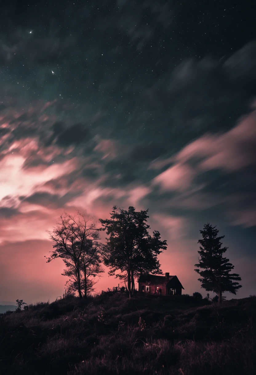 Crie uma imagem de uma casa mal assombrada no meio da floresta, dark, Dark forest with clouds in the night sky